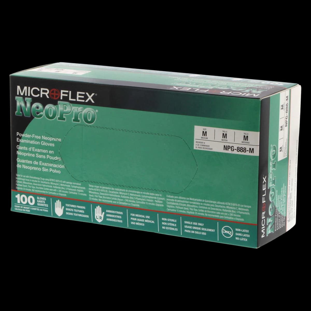 Microflex NeoPro Chloroprene Exam Gloves, Powder-Free, Non-Sterile, Medium, Green, Textured, 100/Box, NPG-888-M - NeoPro Chloroprene Gloves, Powder-Free, Medium, Green, 100/Box - Image 1