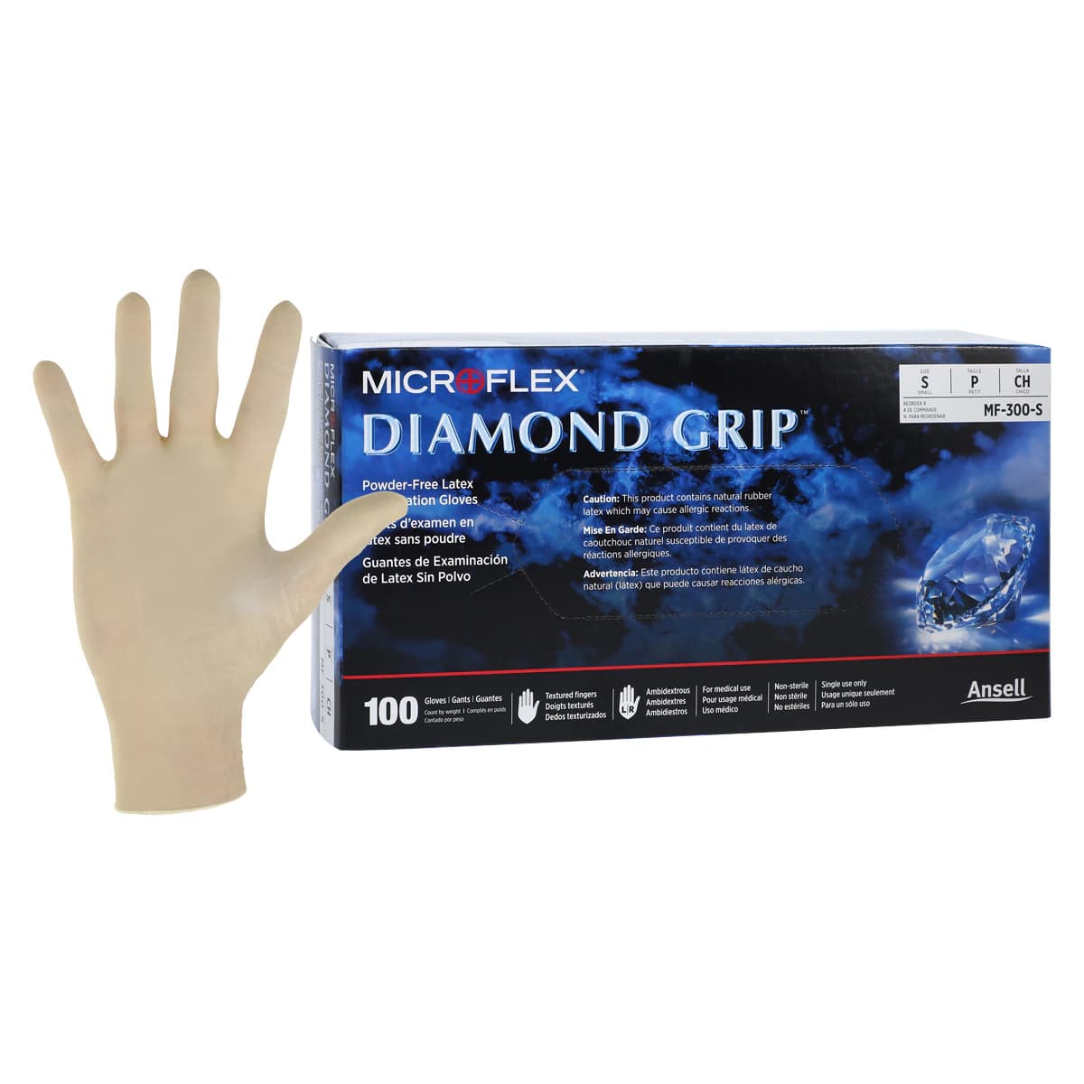 Diamond Grip MF-300 Powder-Free Latex Exam Gloves, Small, Natural, Textured Fingers, 100/Box, MF-300-S - Diamond Grip MF-300 Gloves, Powder-Free, Latex, Small, 100/Box - Image 1