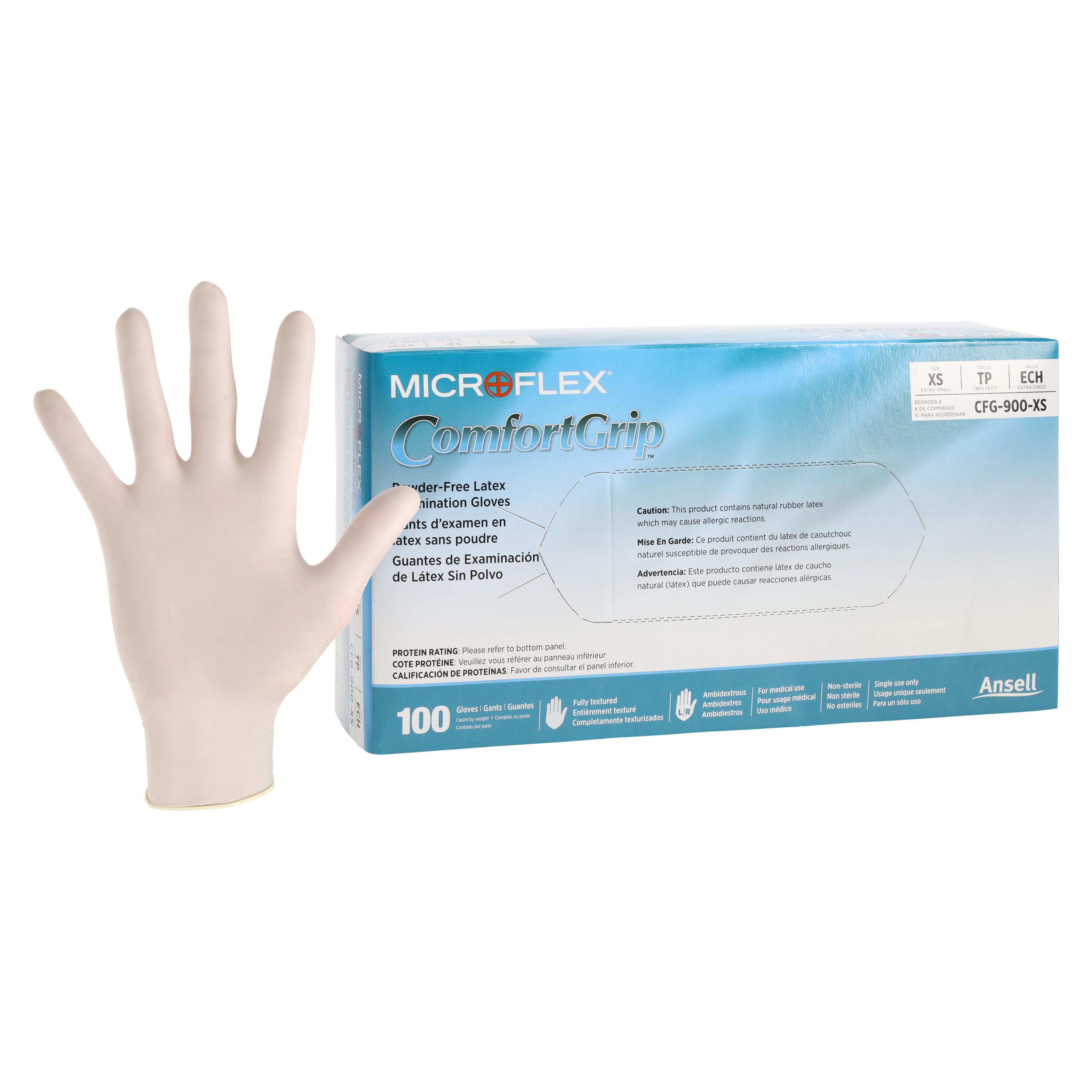 Microflex ComfortGrip CFG-900 Latex Exam Gloves, Powder-Free, Textured, Non-Sterile, Extra Small, Natural, 100/Box, CFG-900-XS - Comfort Grip XS Latex PF Gloves (100) - Image 1
