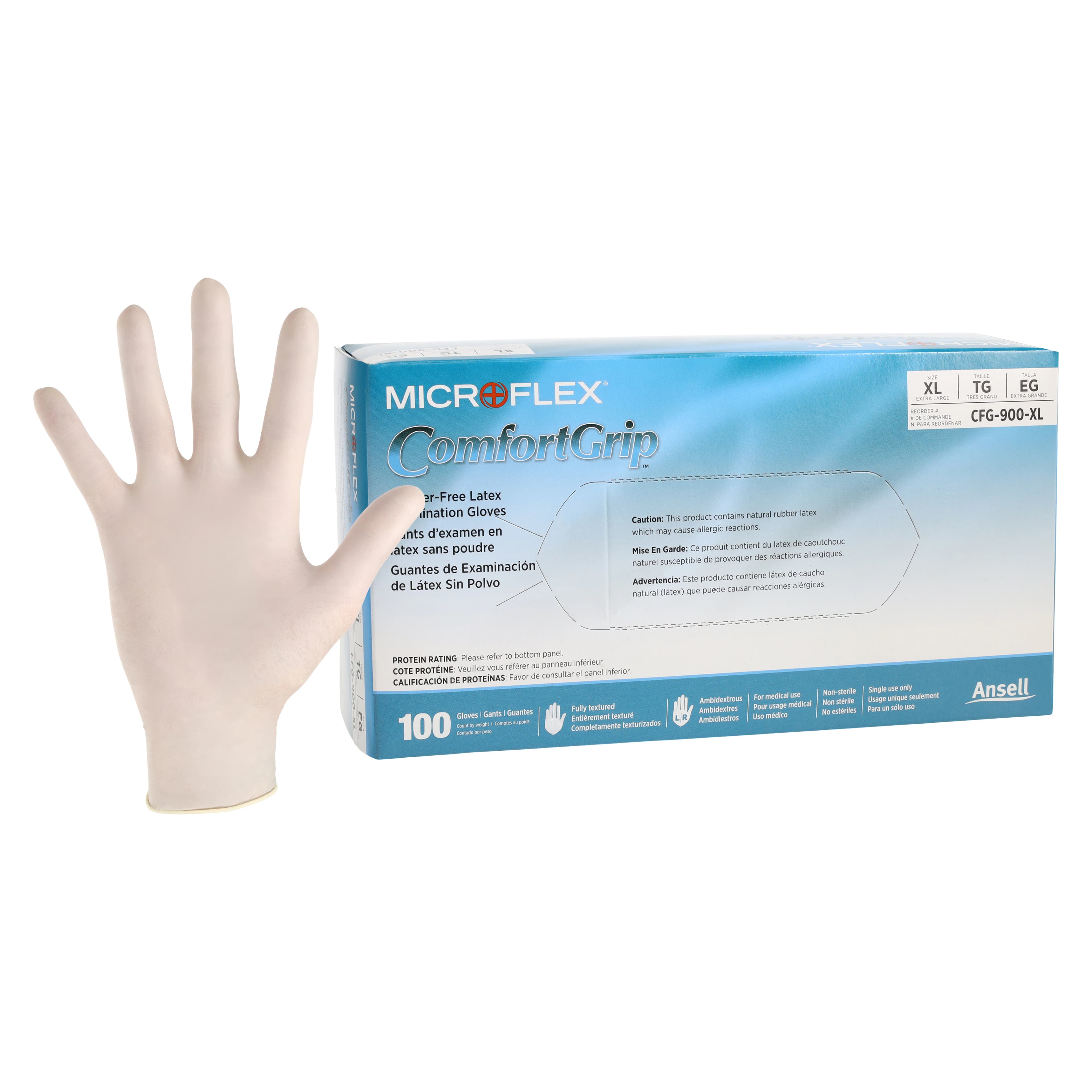 Microflex ComfortGrip CFG-900 Latex Exam Gloves, Powder-Free, Textured, Extra Large, Natural, 100/Box, CFG-900-XL thumbnail 2