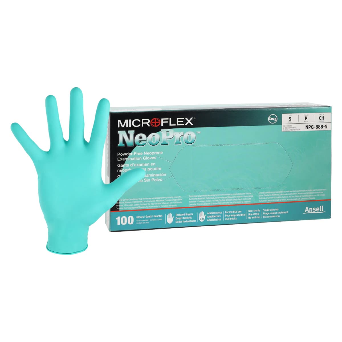 Microflex NeoPro Chloroprene Exam Gloves, Powder-Free, Non-Sterile, Textured, Small, Green, 100/Box, NPG-888-S thumbnail 2