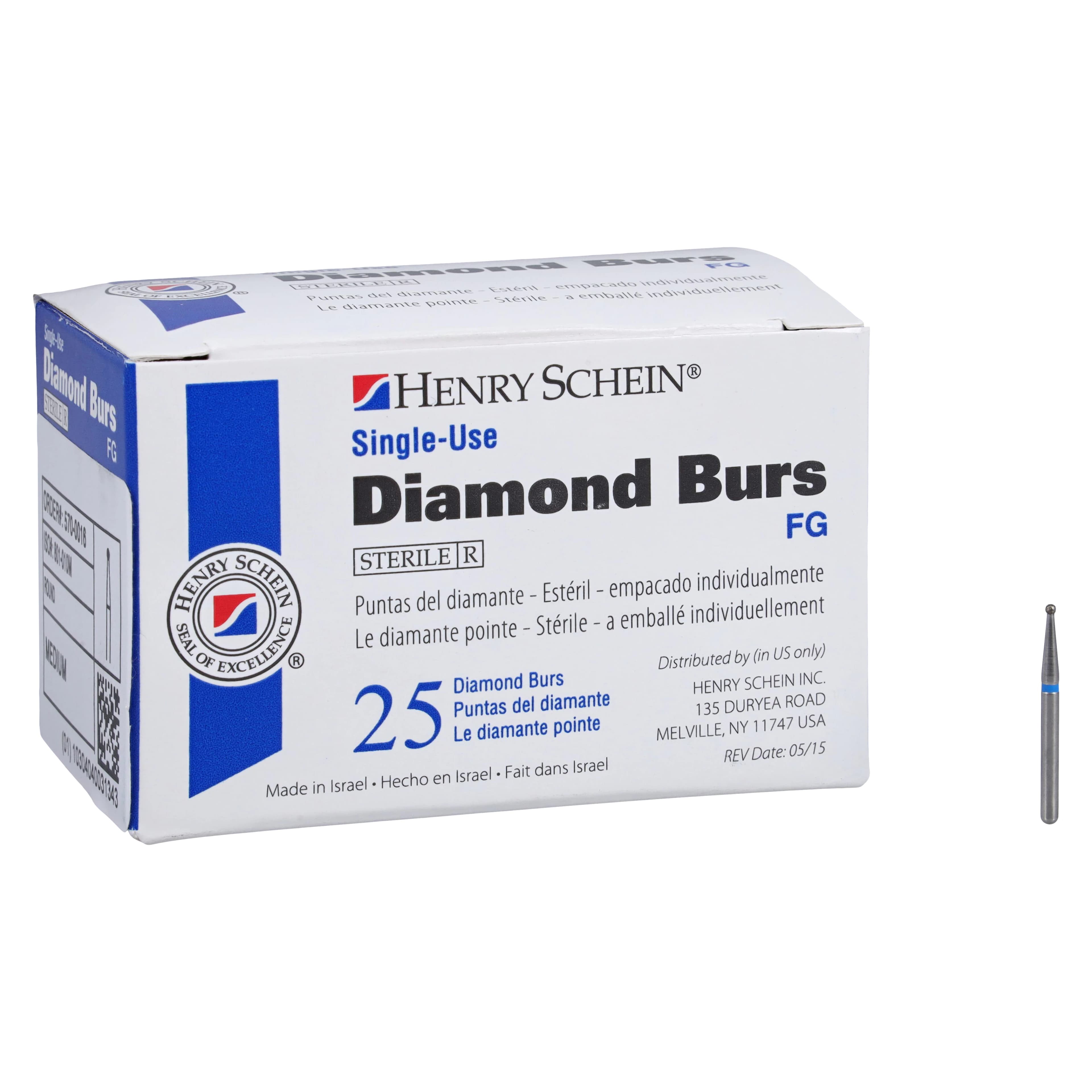 HSI Round FG Diamond Burs, Single Use, Medium, 801-010M, 25/Box thumbnail 5