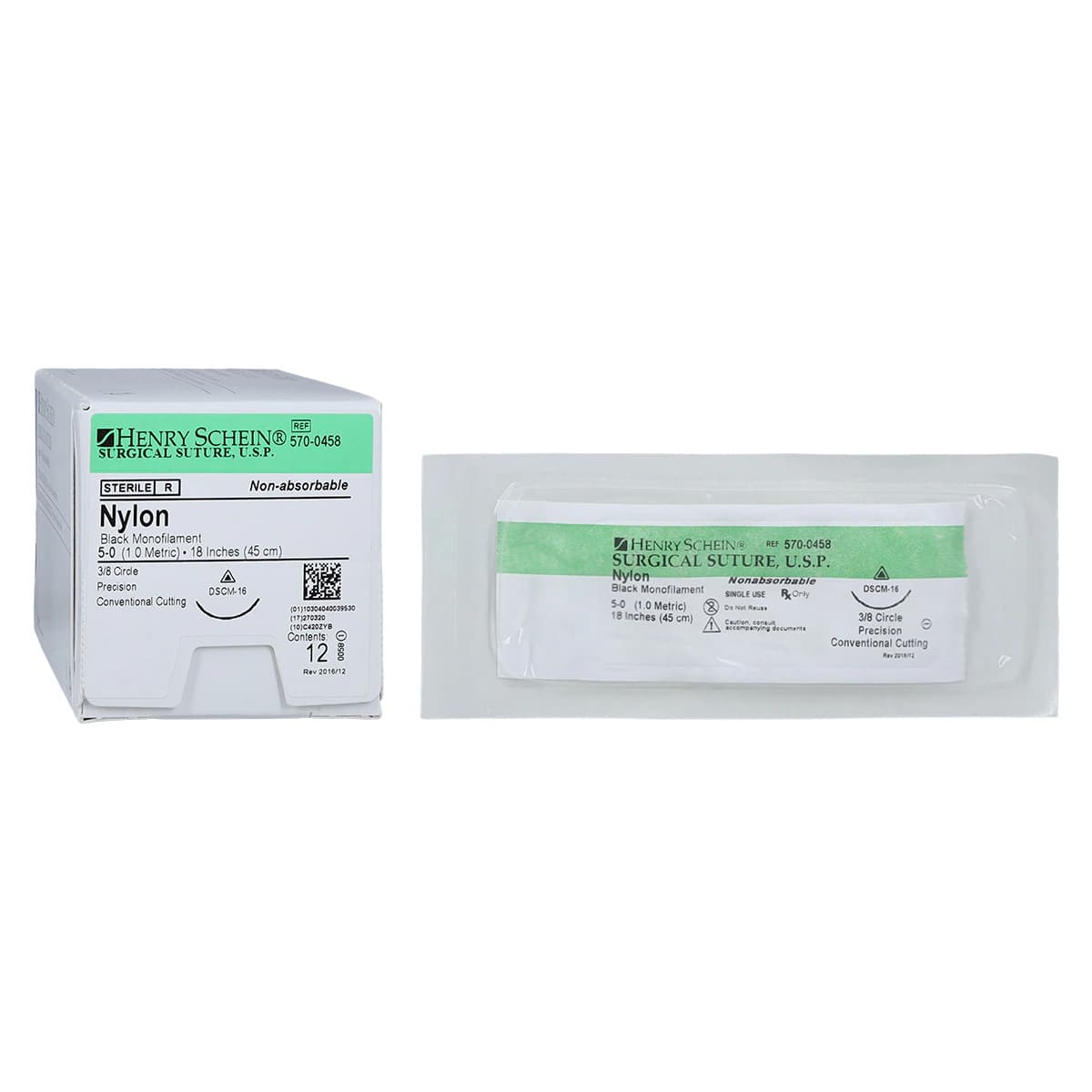 Henry Schein Suture Nylon Monofilament 5-0 18" Non-Absorbable, Precision Conventional Cutting 3/8 Circle Needle 16mm, Uncoated Black, DSCM16, 12/Box thumbnail 2