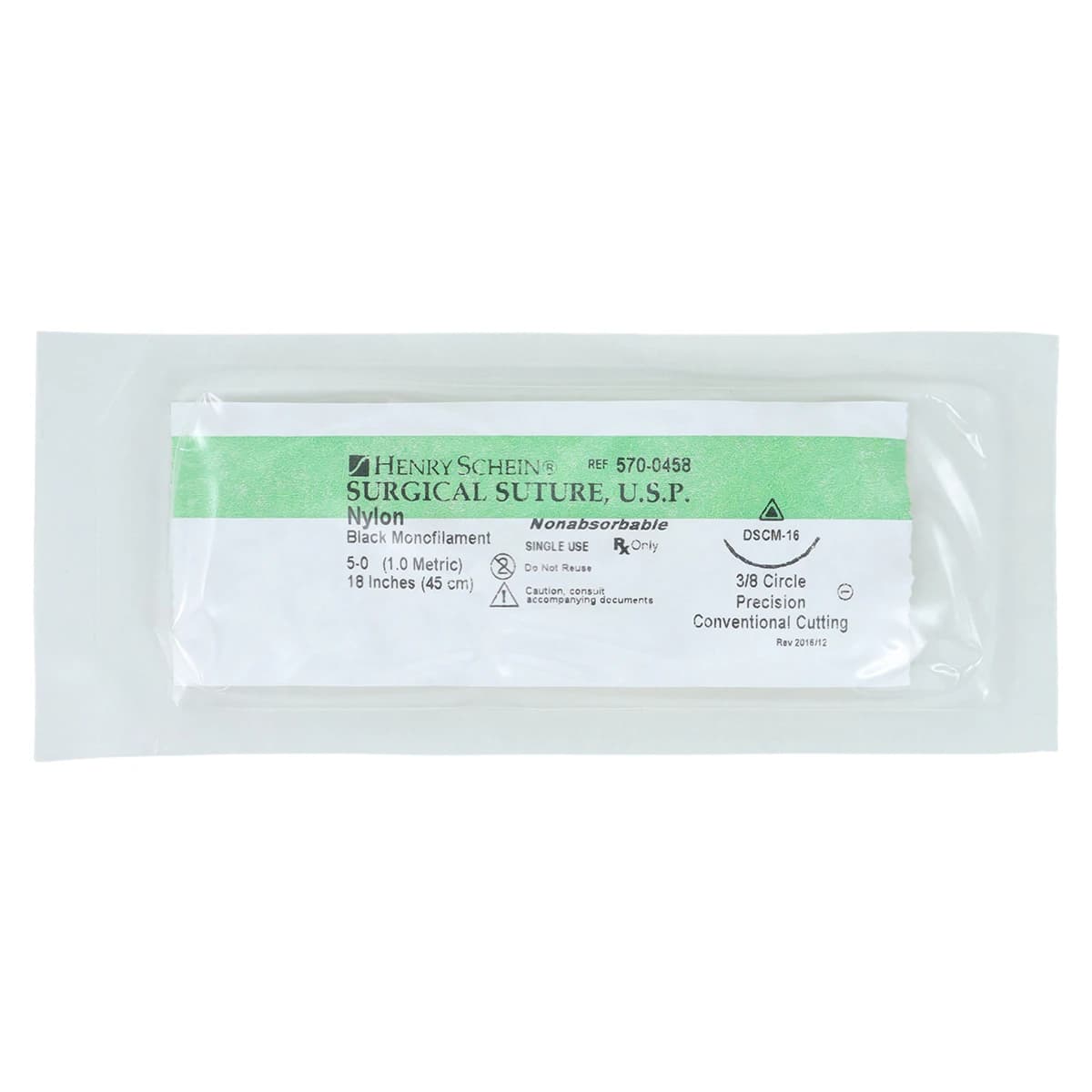 Henry Schein Suture Nylon Monofilament 5-0 18" Non-Absorbable, Precision Conventional Cutting 3/8 Circle Needle 16mm, Uncoated Black, DSCM16, 12/Box thumbnail 3