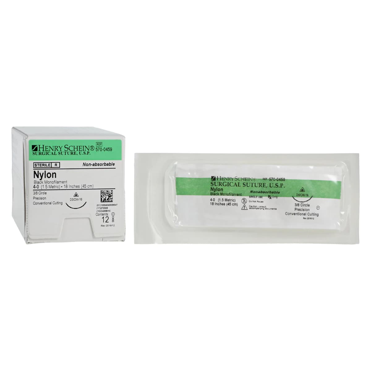 Suture Nylon Monofilament 4-0, 18" Non-Absorbable, Black, Precision Conventional Cutting 3/8 Circle Needle 16mm, DSCM16, 12/Box - Suture Nyl Mono Blk DSCM16 - Image 1