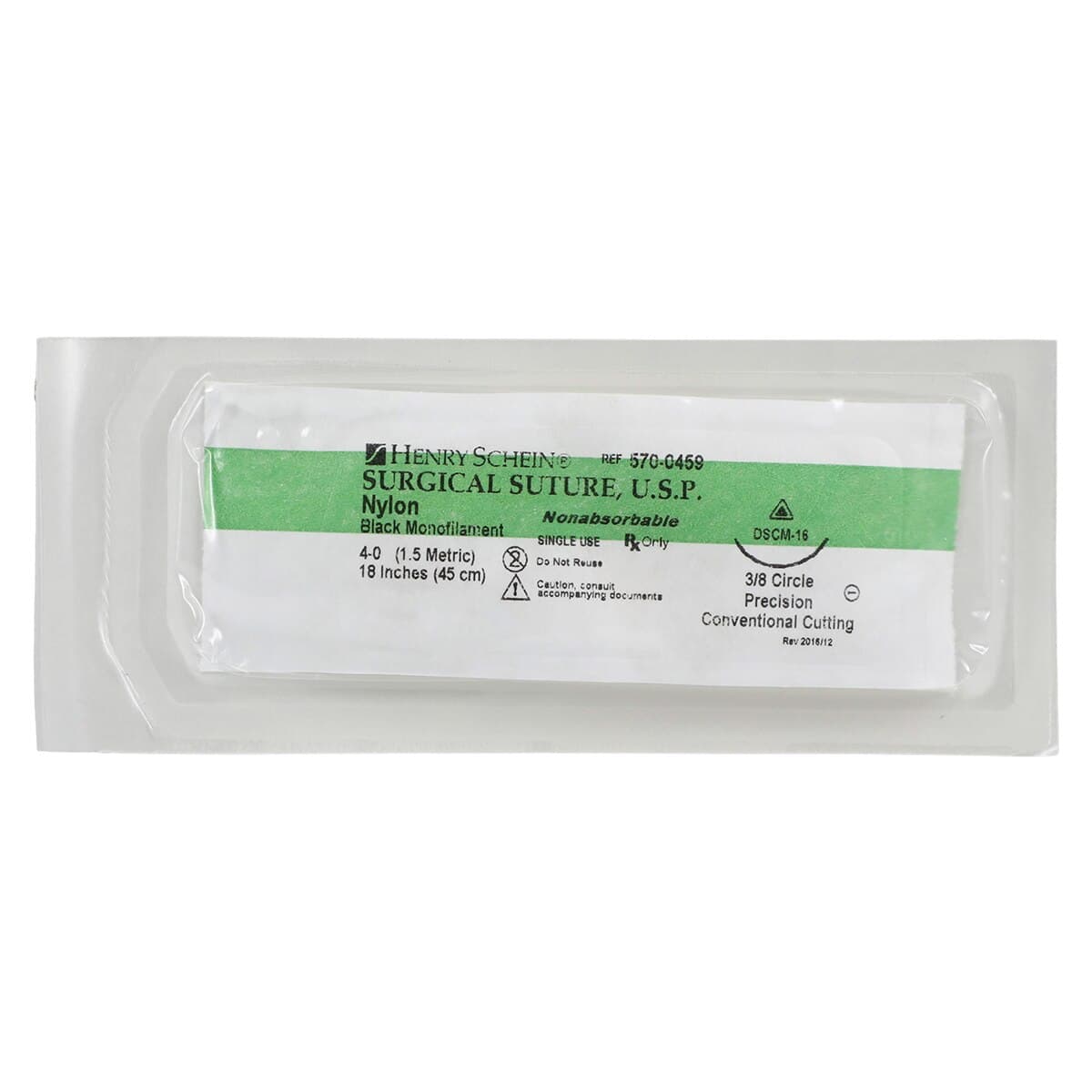 Suture Nylon Monofilament 4-0, 18" Non-Absorbable, Black, Precision Conventional Cutting 3/8 Circle Needle 16mm, DSCM16, 12/Box thumbnail 3