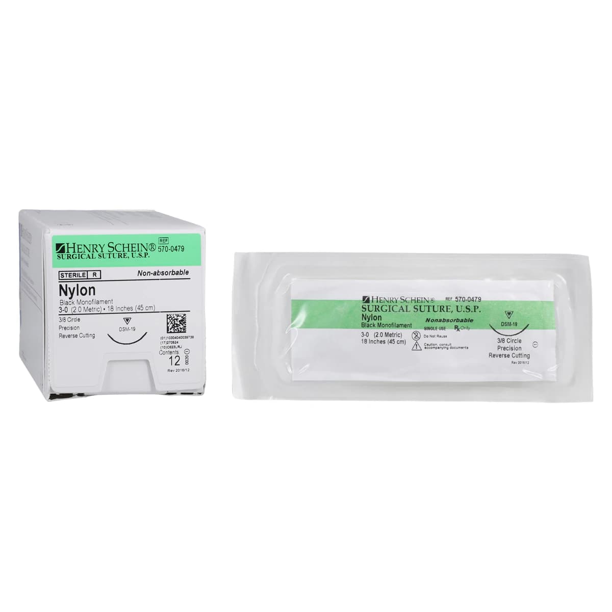 Henry Schein Nylon Monofilament Suture, 3-0, 18" Black, Non-Absorbable, PC-31 Precision Reverse Cutting 3/8 Circle Needle 18mm, 12/Box thumbnail 2