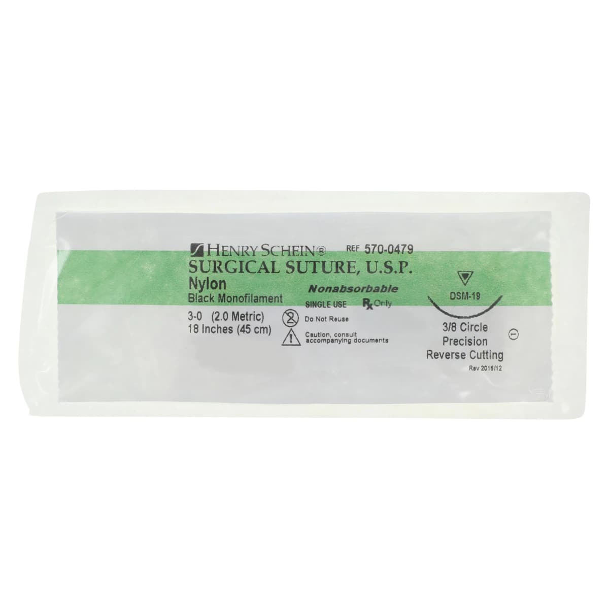 Henry Schein Nylon Monofilament Suture, 3-0, 18" Black, Non-Absorbable, PC-31 Precision Reverse Cutting 3/8 Circle Needle 18mm, 12/Box thumbnail 3