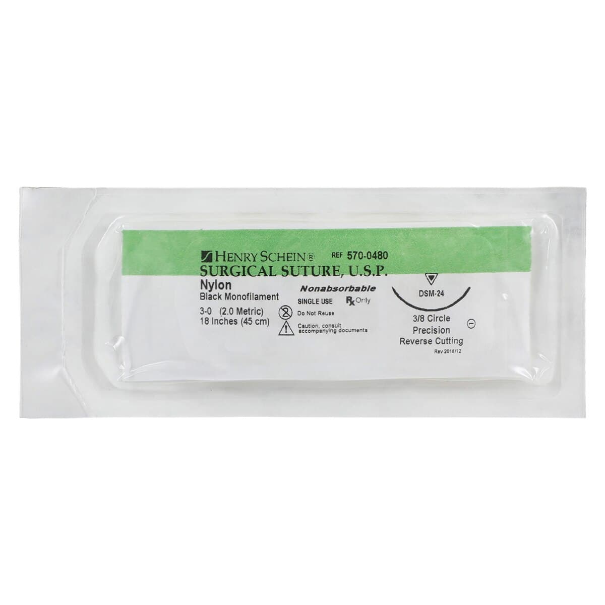 Henry Schein Suture Nylon Monofilament 3-0, 18" Non-Absorbable, PC-33 Precision Reverse Cutting 3/8 Circle Needle 24mm, Black, 12/Box thumbnail 3