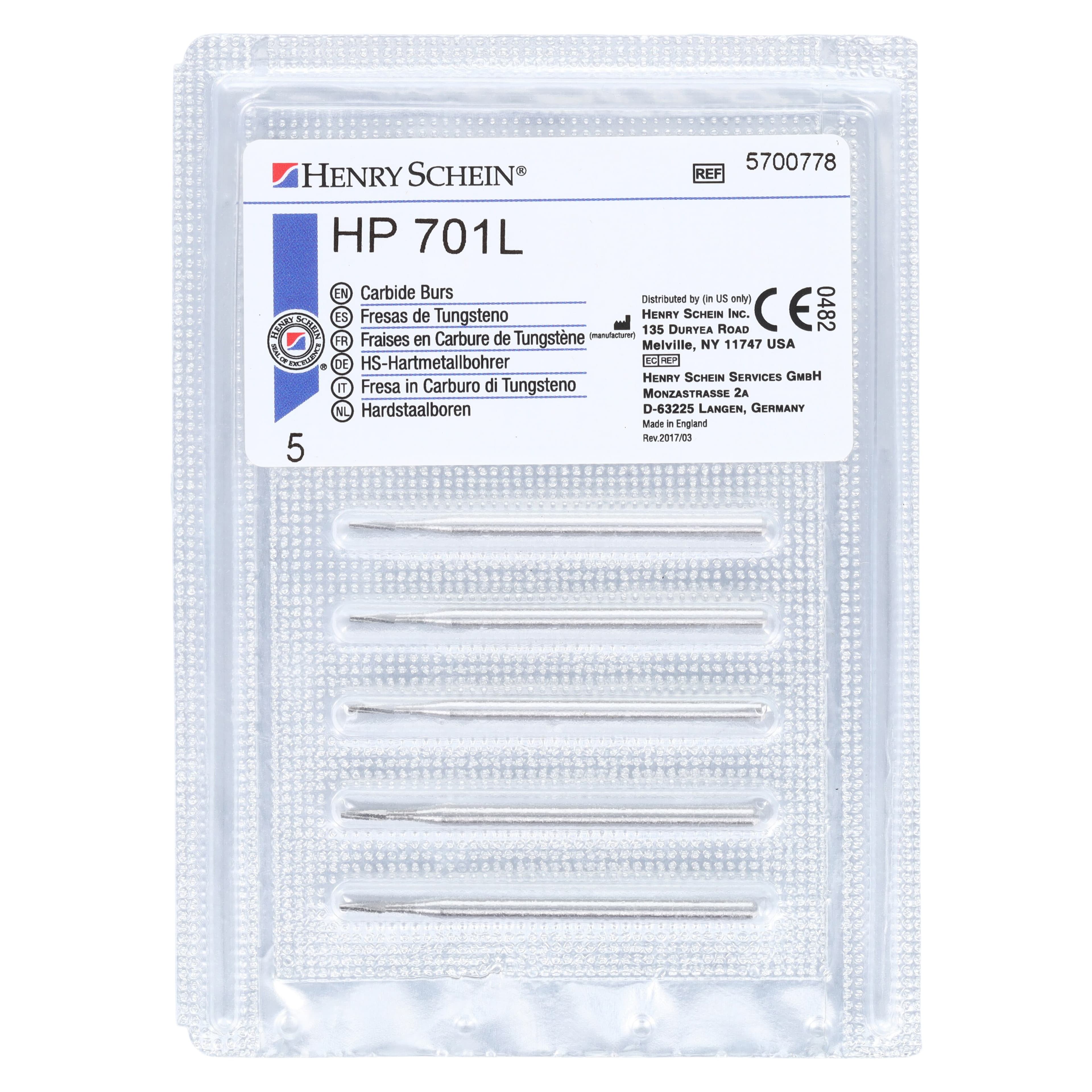 Henry Schein HSI Carbide Bur HP 701L, Taper Fissure, Operative, 5/Pkg thumbnail 5