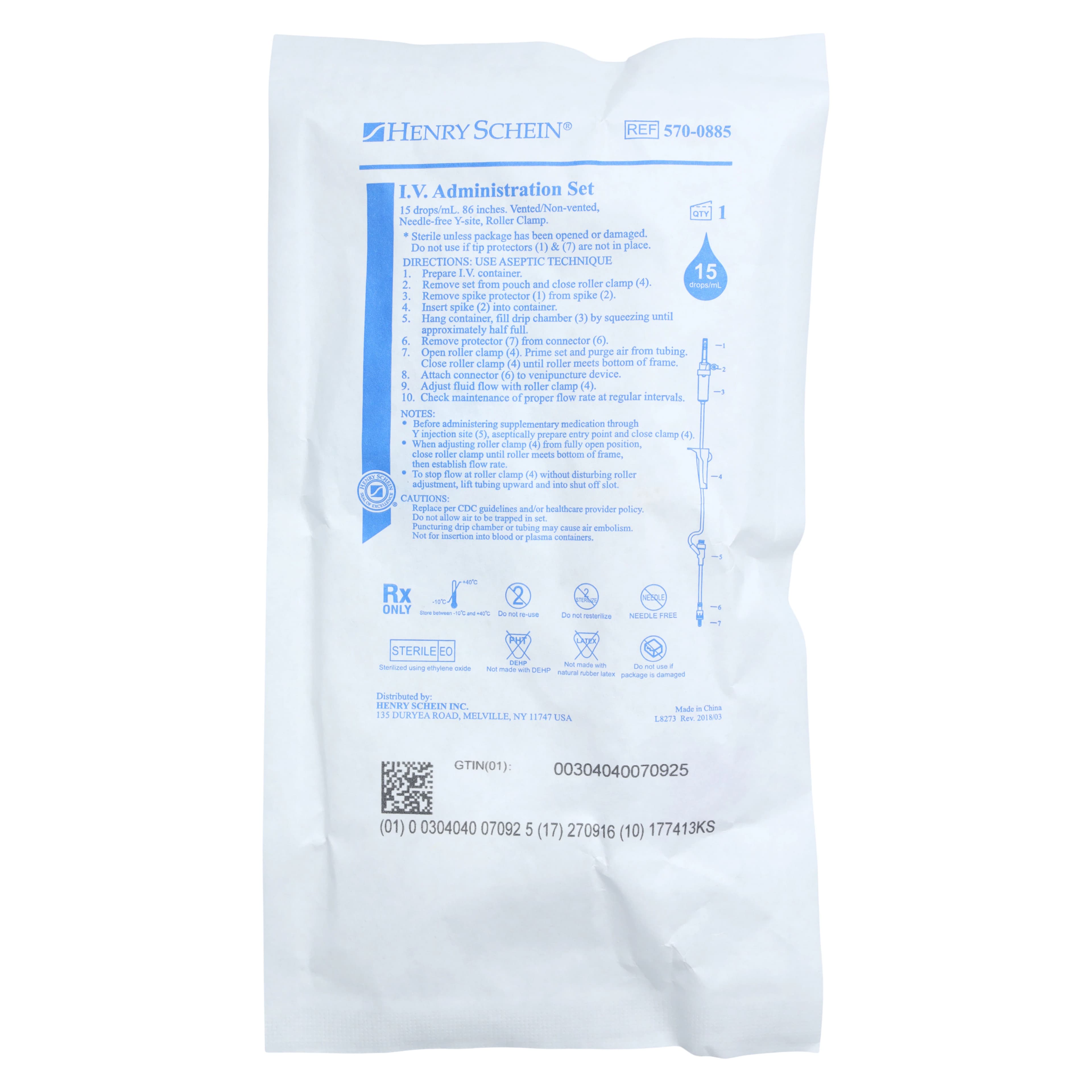 Henry Schein Primary IV Administration Set, Needle-Free, 15 Drops/mL, 86" PVC Tubing, Y Port, Roller Clamp, DEHP Free, Sterile, Latex-Free thumbnail 3