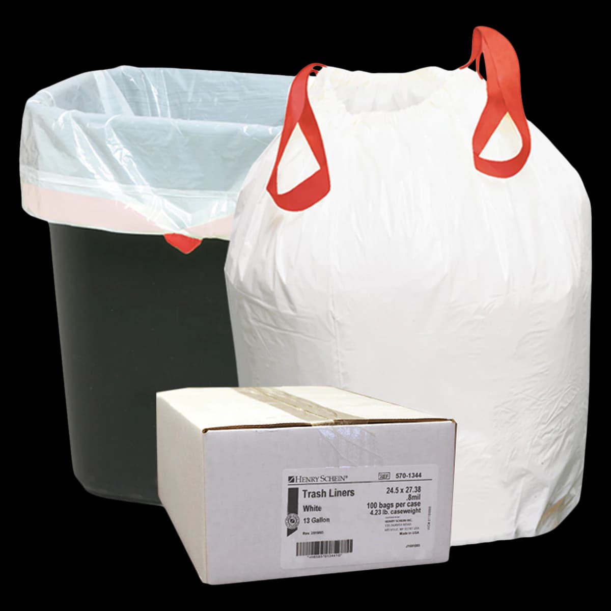 Drawtape Trash Liners, White, 13 Gallon, 24.5" x 27.38", Low Density Plastic, 0.8mil, 100/Case - Drawtape Trash Liners - Image 1