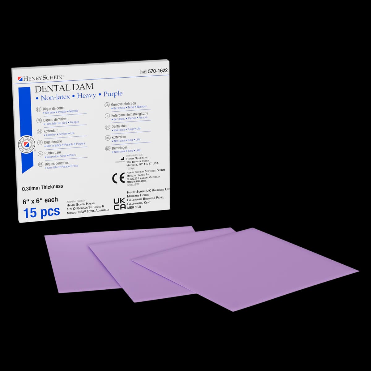 Henry Schein Non-Latex Rubber Dam, 6x6 in, Heavy Gauge, Purple, Unflavored, 15/Box - Non-Latex Dental Dam - Image 1