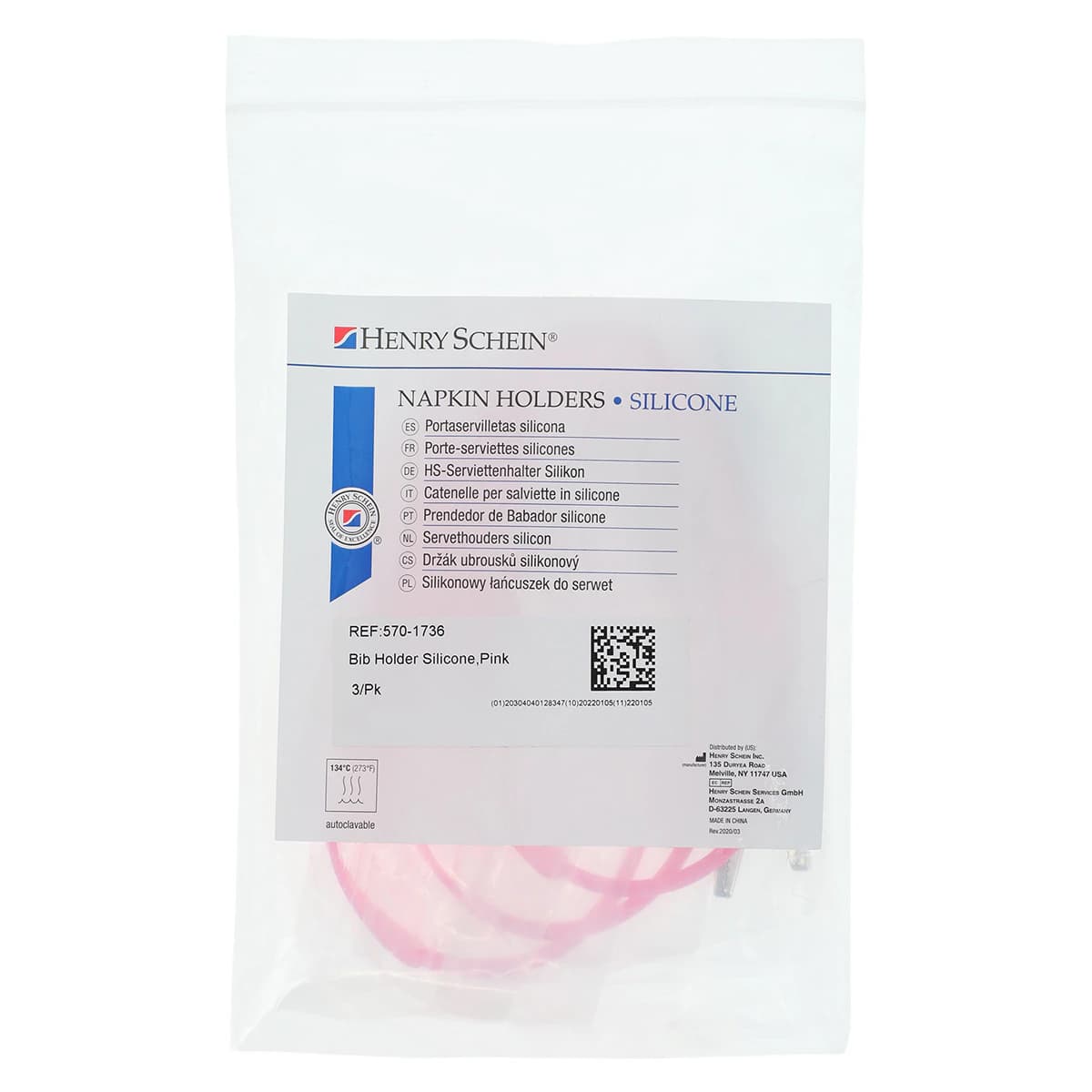 Henry Schein Bib Holder, Silicone, Alligator Clips, Pink, 18 in, 3/Pk - Bib Holder Silicone - Image 1