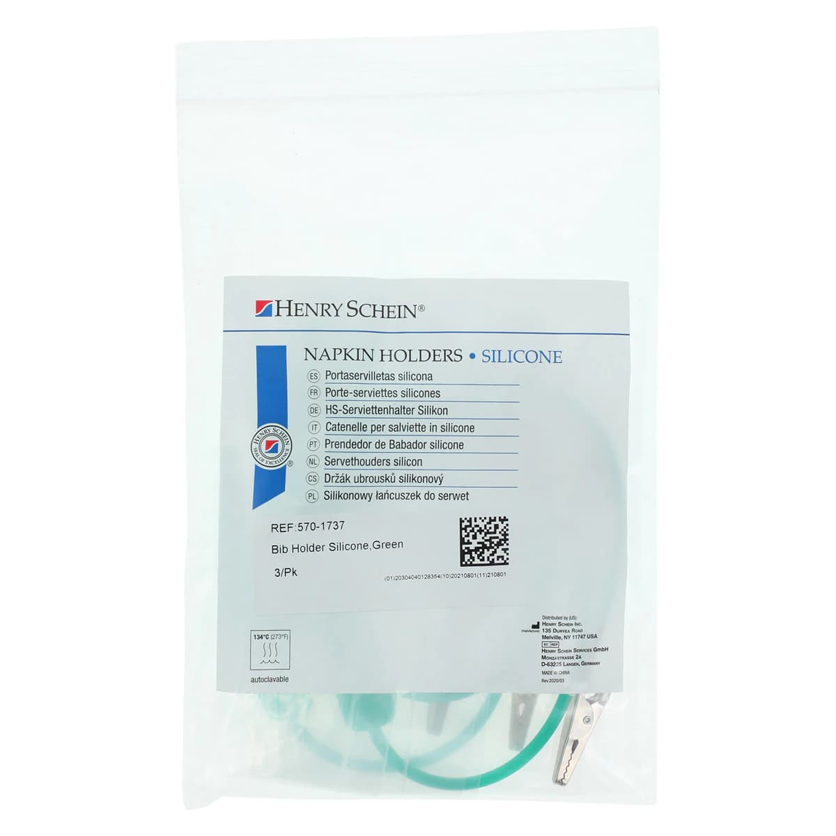 Henry Schein Bib Holder Silicone, Alligator Clips, Green, 18 in, 3/Pk, 01KT8PD5FN8QNGZJ4RDTG43204 - Bib Holder Silicone - Image 1