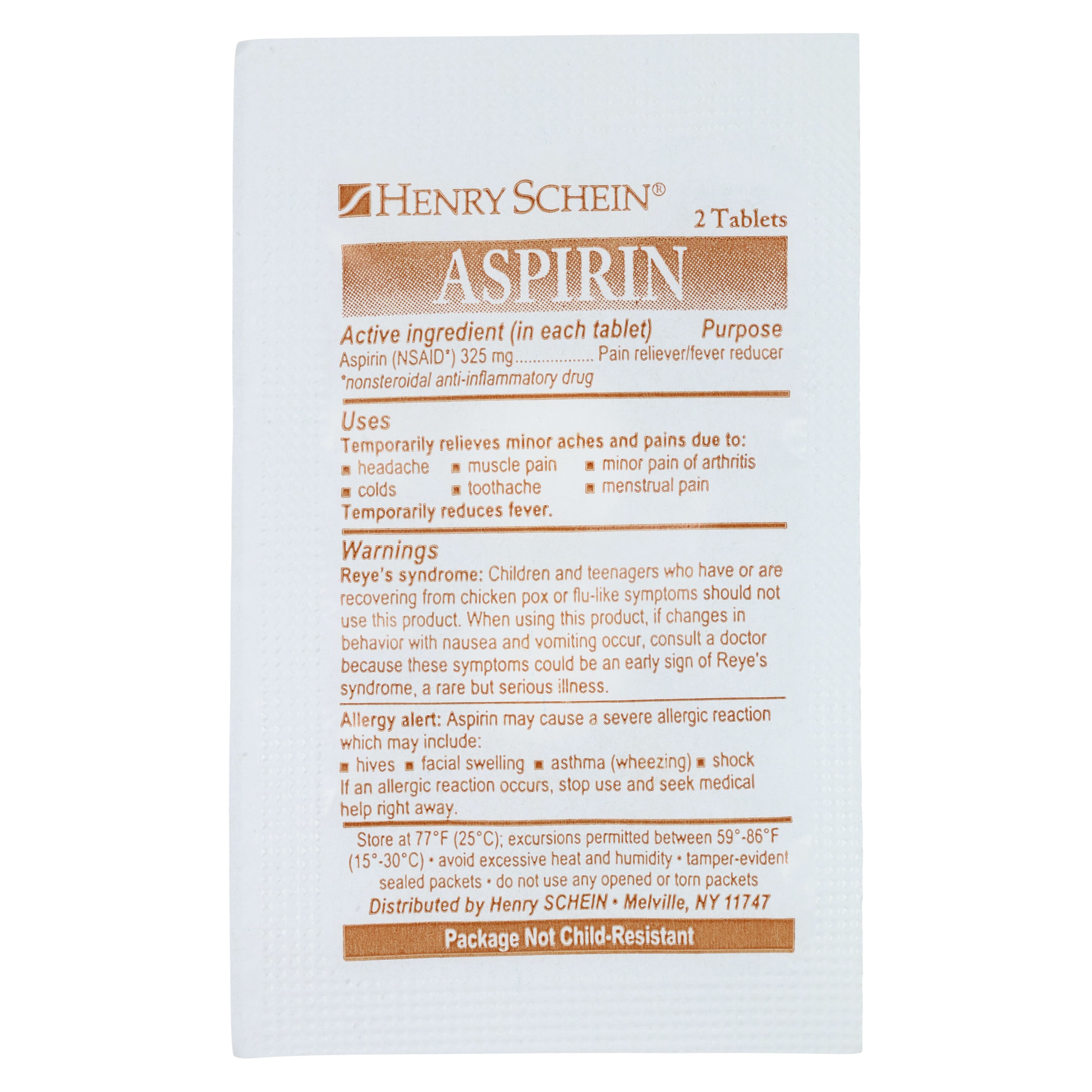 Aspirin Pain Reliever Tablets, 325mg, 250 Packets/Box, 2 Tablets per Packet thumbnail 2