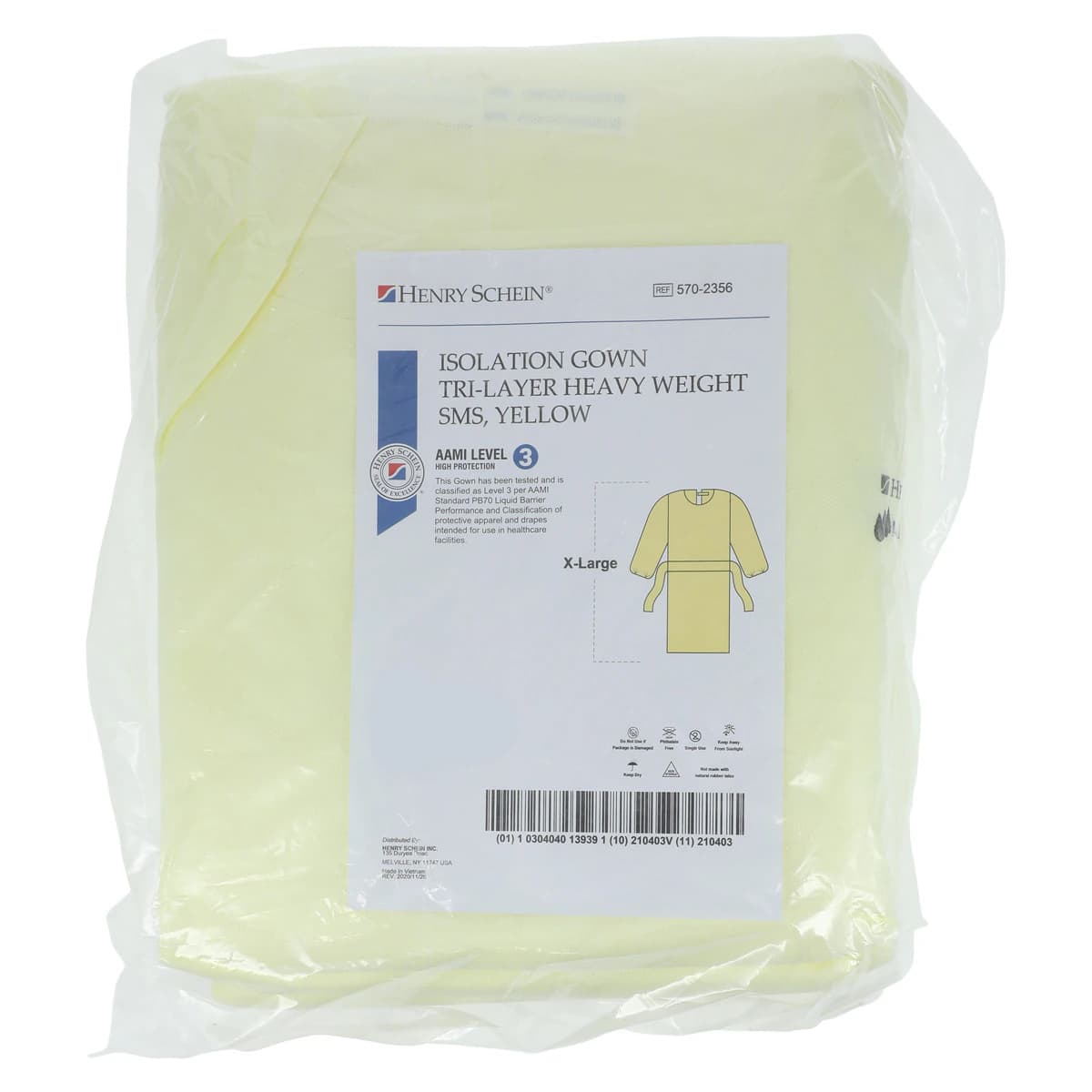Isolation Gowns AAMI Level 3 SMS, Adult X-Large, Yellow, Knee Length, Non-Sterile, Round Neck, Tie Closure, Elastic Cuff, Long Sleeves, 10/Bag thumbnail 6