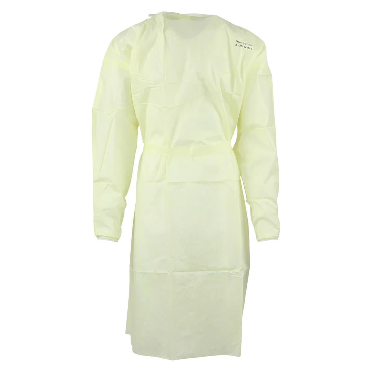 Isolation Gowns AAMI Level 1 SMS, Adult X-Large, Yellow, Knee Length, Non-Sterile, Round Neck, Tie Closure, Elastic Cuff, Long Sleeves, 10/Bag - Isolation Gowns AAMI 1 Yellow - Image 1