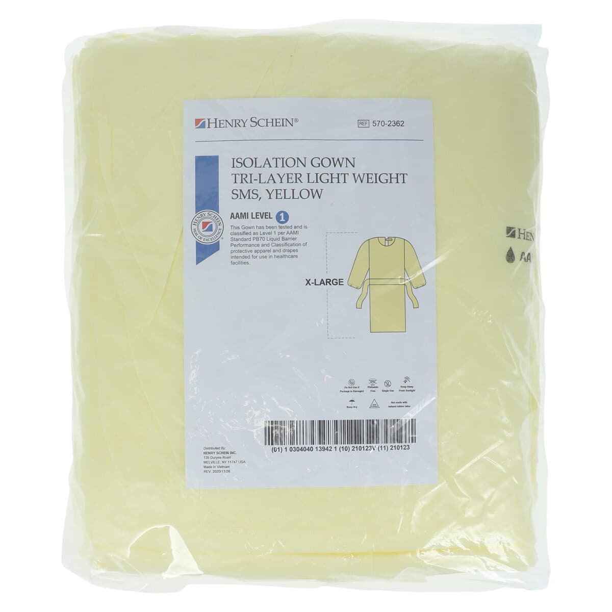 Isolation Gowns AAMI Level 1 SMS, Adult X-Large, Yellow, Knee Length, Non-Sterile, Round Neck, Tie Closure, Elastic Cuff, Long Sleeves, 10/Bag thumbnail 6