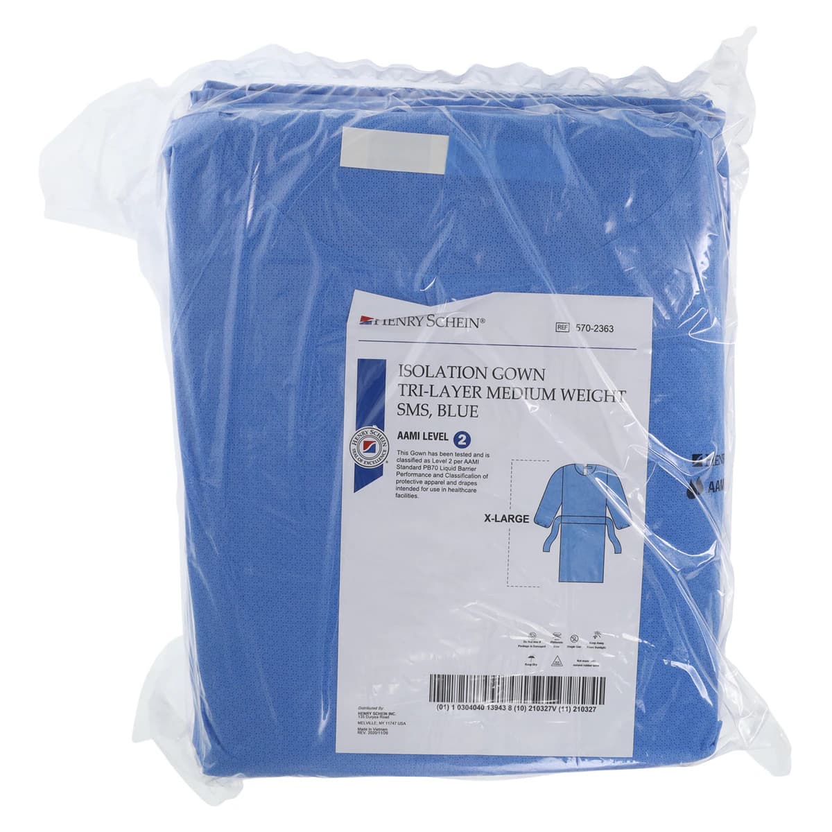 Isolation Gowns AAMI Level 2 SMS, Adult X-Large, Blue, Knee Length, Non-Sterile, Round Neck, Tie Closure, Elastic Cuff, Long Sleeves, 10/Bag thumbnail 6