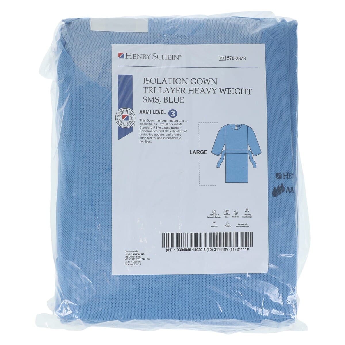 Isolation Gowns AAMI Level 3 SMS, Adult Large, Blue, Knee Length, Non-Sterile, Round Neck, Tie Closure, Elastic Cuff, Long Sleeves, 10/Bag thumbnail 6