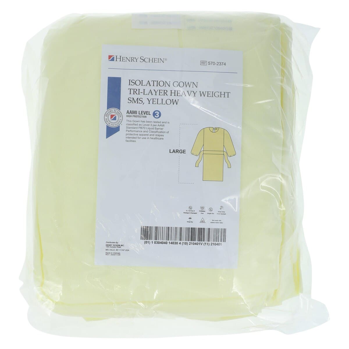Isolation Gowns AAMI Level 3 SMS, Adult Large, Yellow, Knee Length, Non-Sterile, Round Neck, Tie Closure, Elastic Cuff, Long Sleeves, 10/Bag thumbnail 6