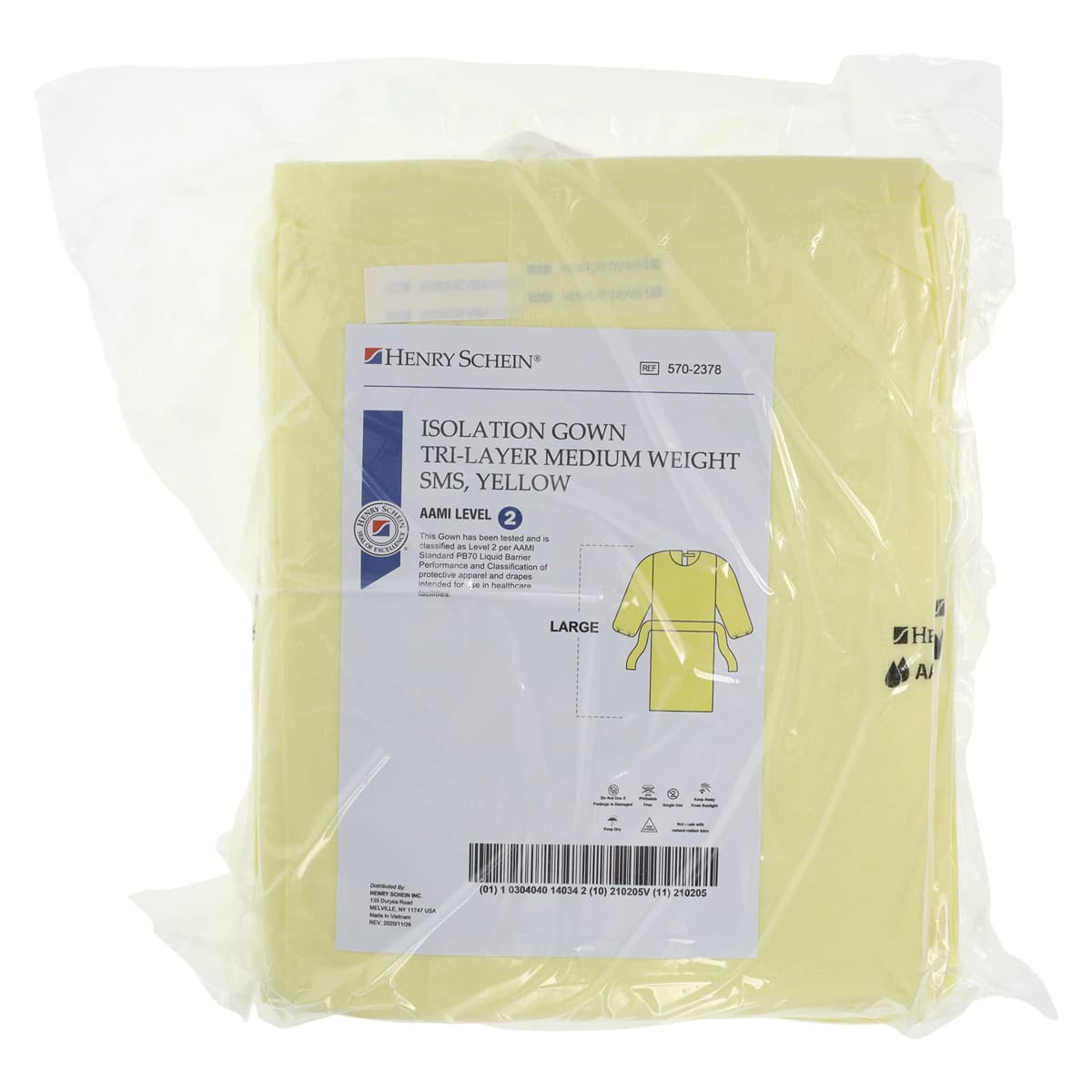 Isolation Gowns AAMI Level 2 SMS, Adult Large, Yellow, Knee Length, Non-Sterile, Round Neck, Tie Closure, Elastic Cuff, Long Sleeves, 10/Bag thumbnail 6
