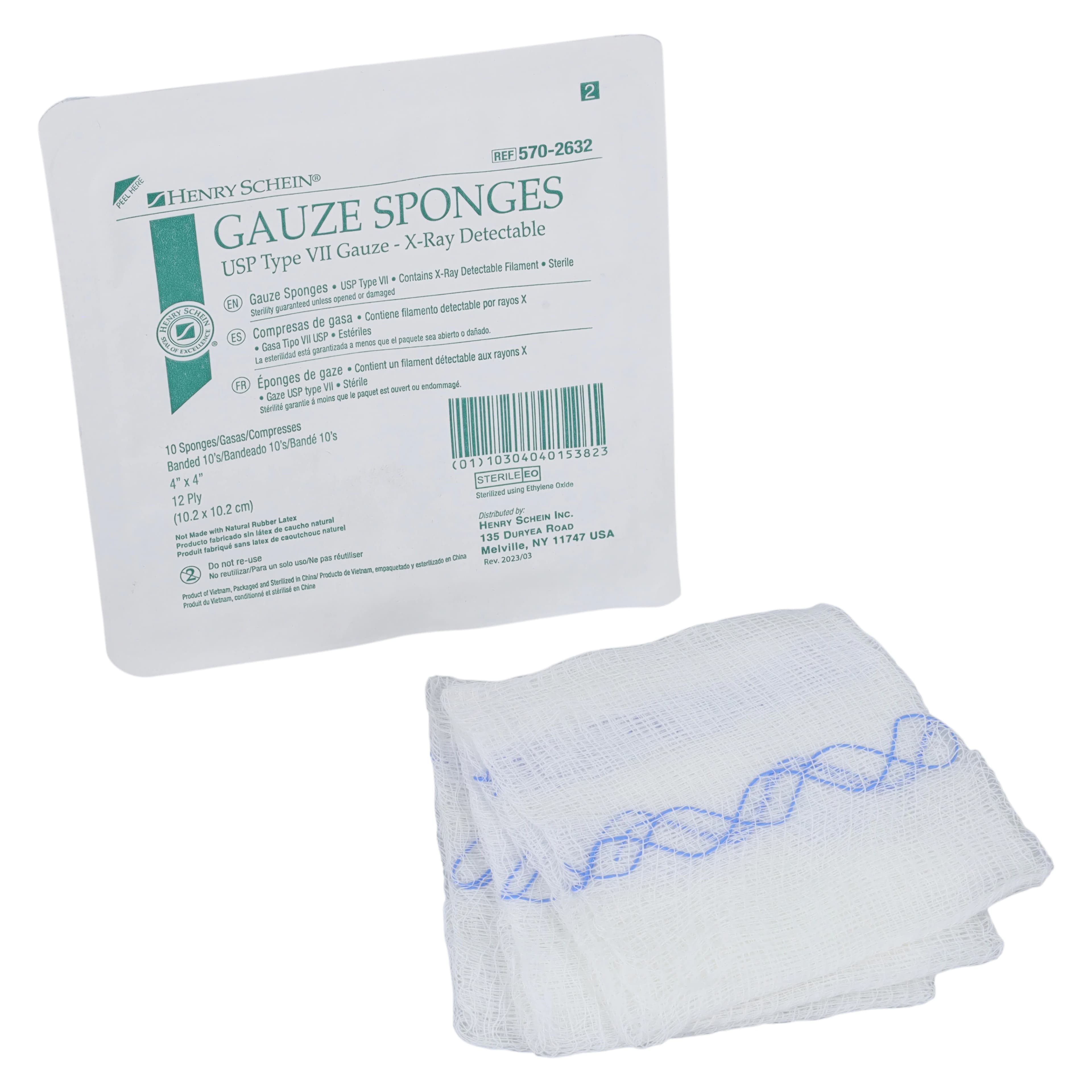 Henry Schein Gauze Sponge, X-Ray Detectable, 12-Ply, Sterile, 4x4", 100% Cotton Type VII, Latex-Free - Gauze Sponge Xray Det 12Ply ST - Image 1