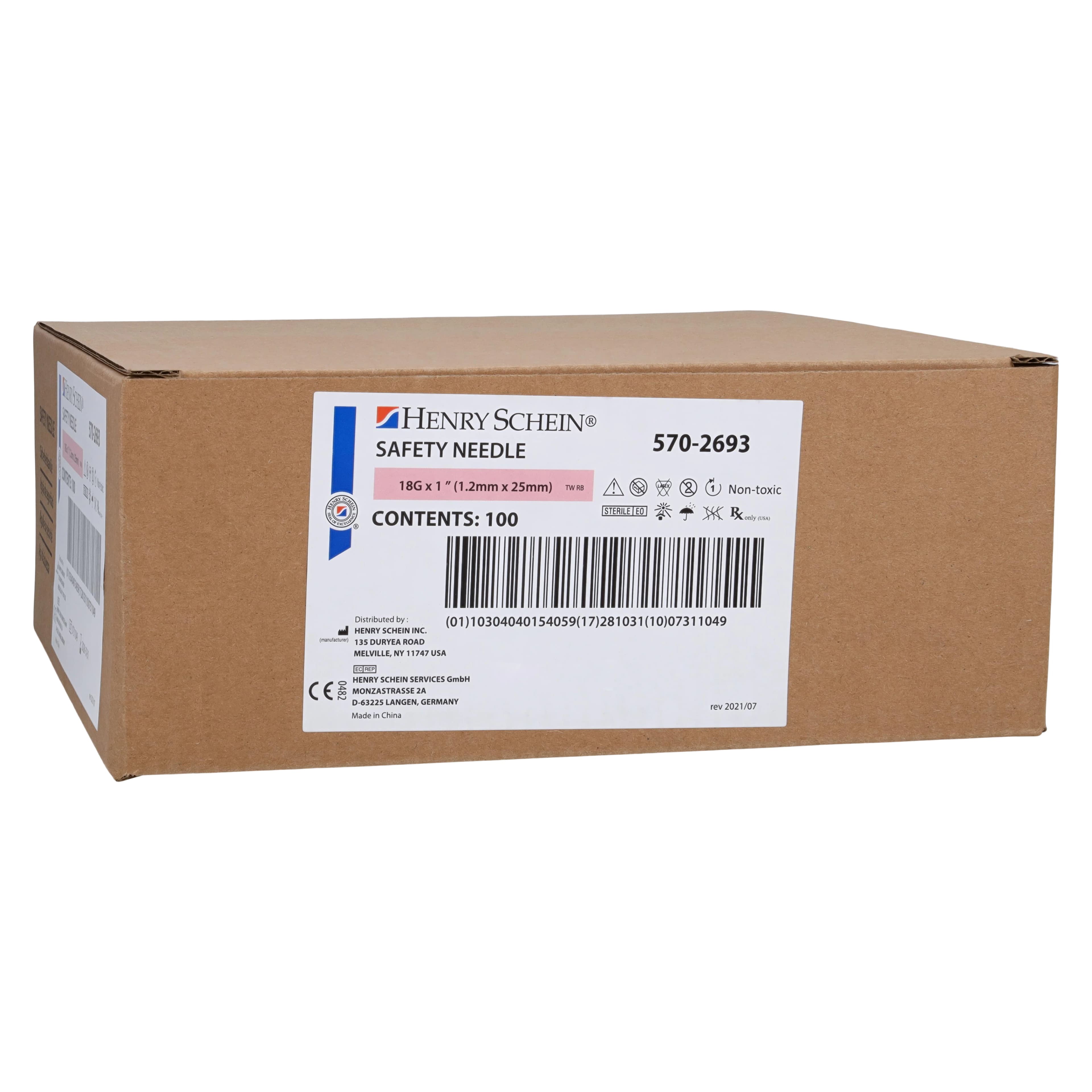 Henry Schein Safety Needle, 18G x 1", Pink, Safety Shield, 100/Box - Needle Disposable Safety - Image 1
