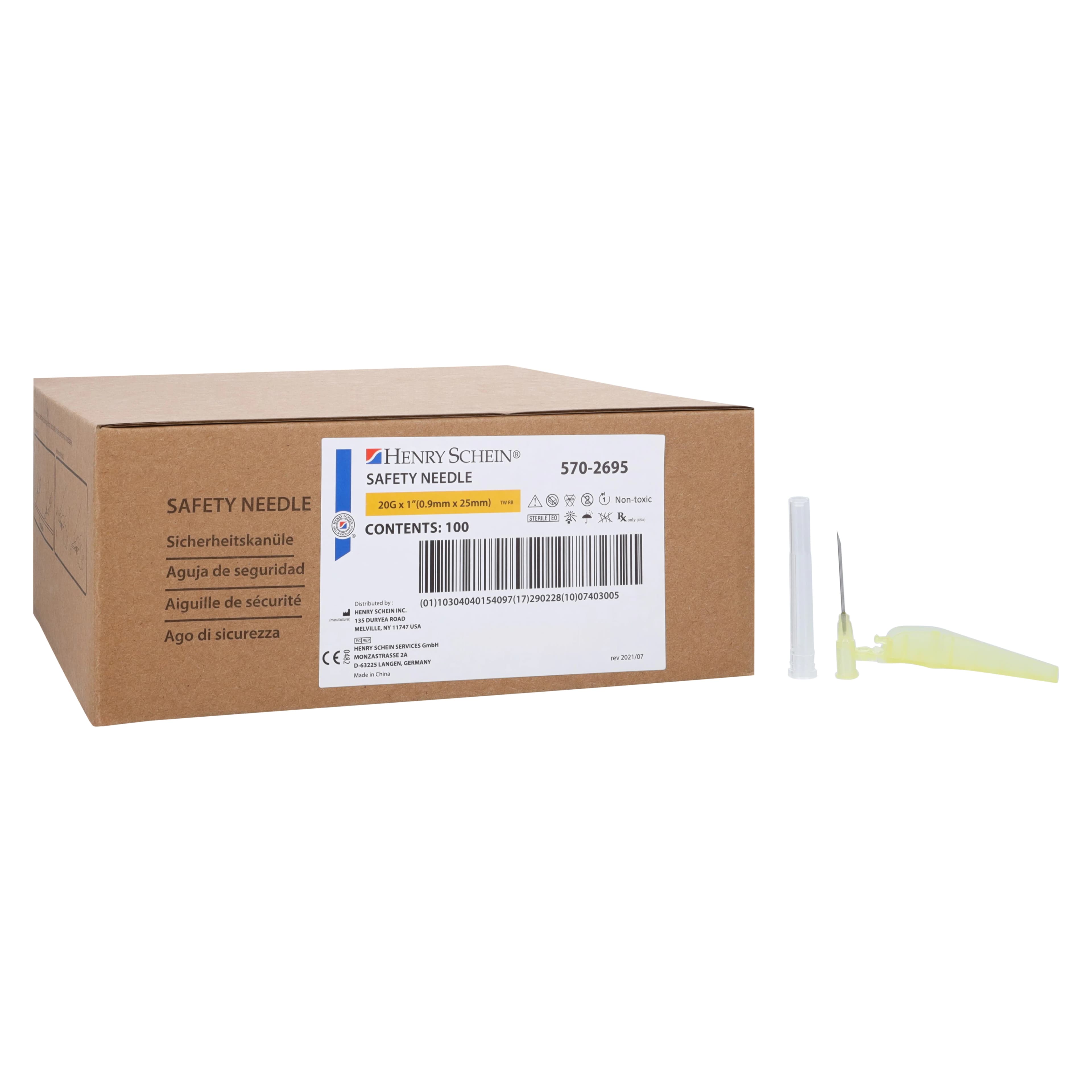 Henry Schein Safety Needle, 20G x 1", Yellow, Safety Shield, 100/Box thumbnail 2