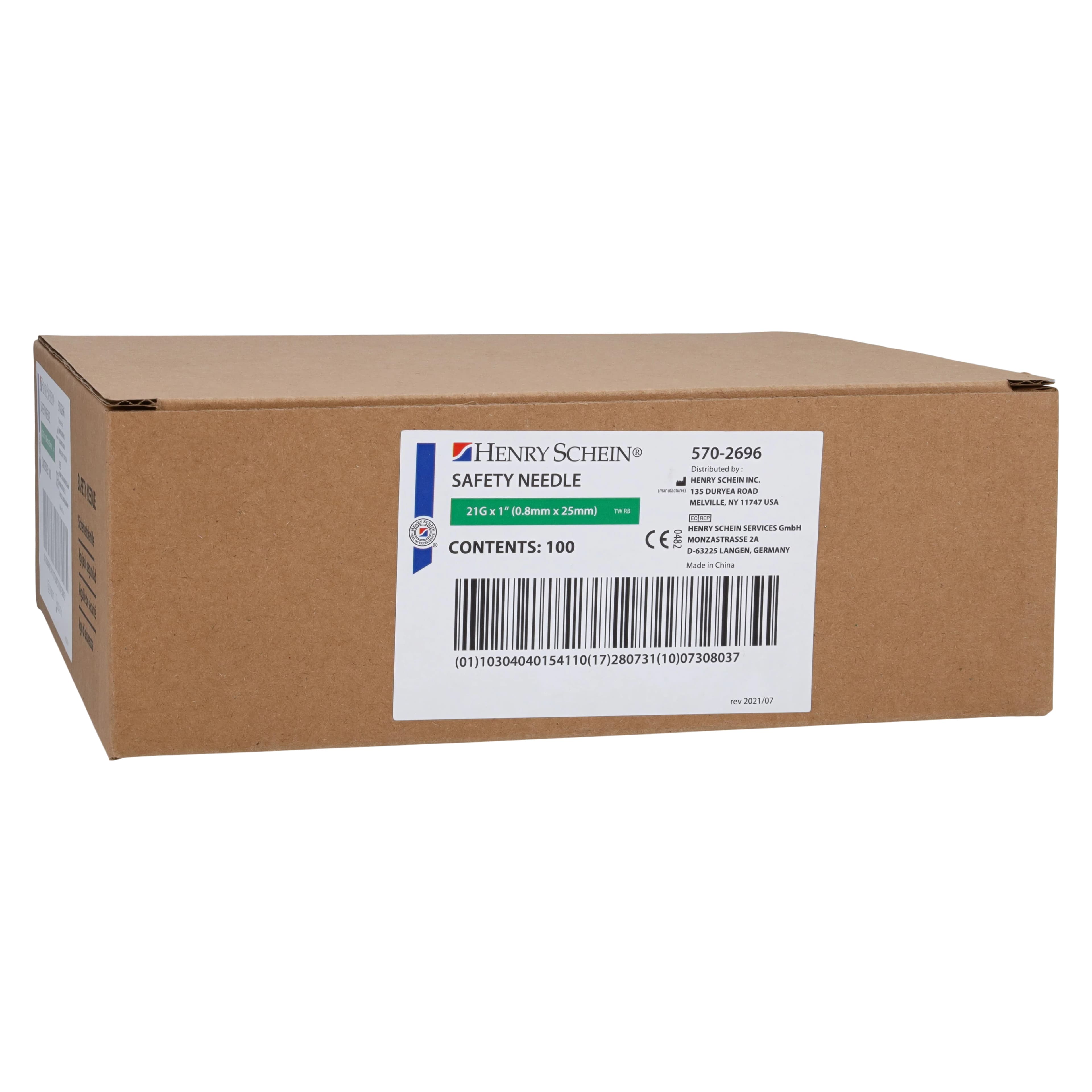 Henry Schein Safety Needle, 21G x 1", Green, Safety Shield, 100/Box - Needle Disposable Safety - Image 1