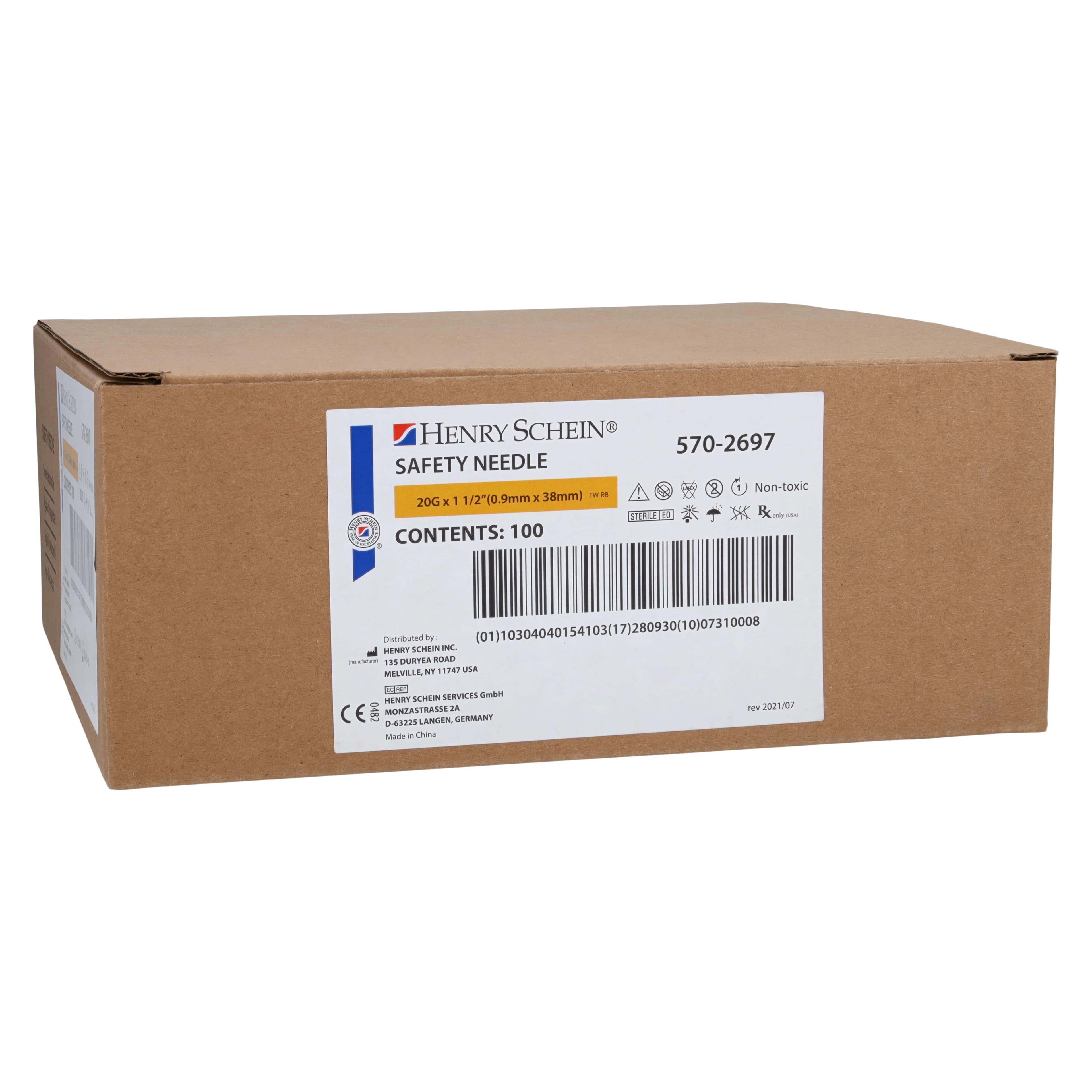 Henry Schein Safety Needle, 20G x 1-1/2", Yellow, Disposable, Safety Shield, 100/Box - Needle Disposable Safety - Image 1