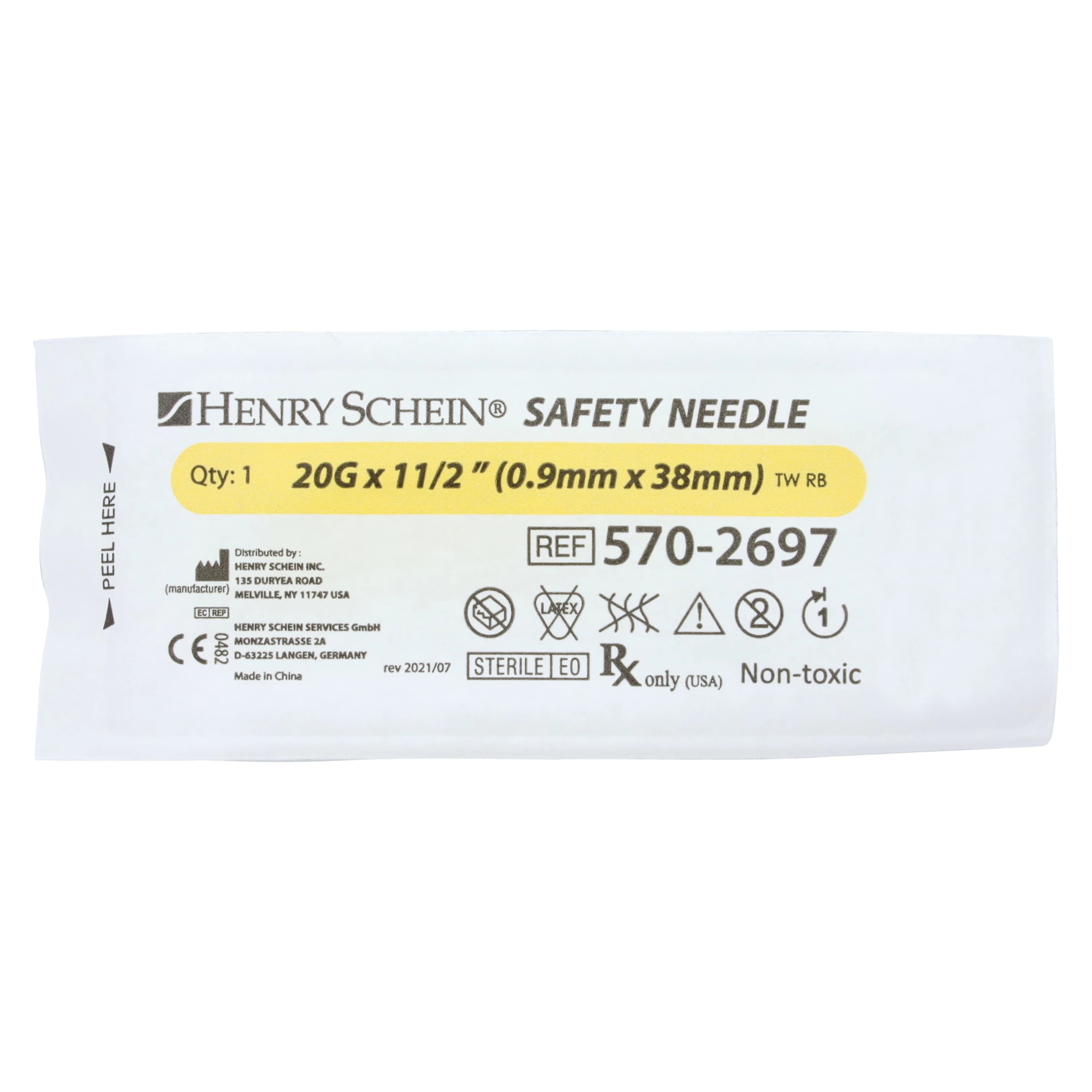 Henry Schein Safety Needle, 20G x 1-1/2", Yellow, Disposable, Safety Shield, 100/Box thumbnail 2