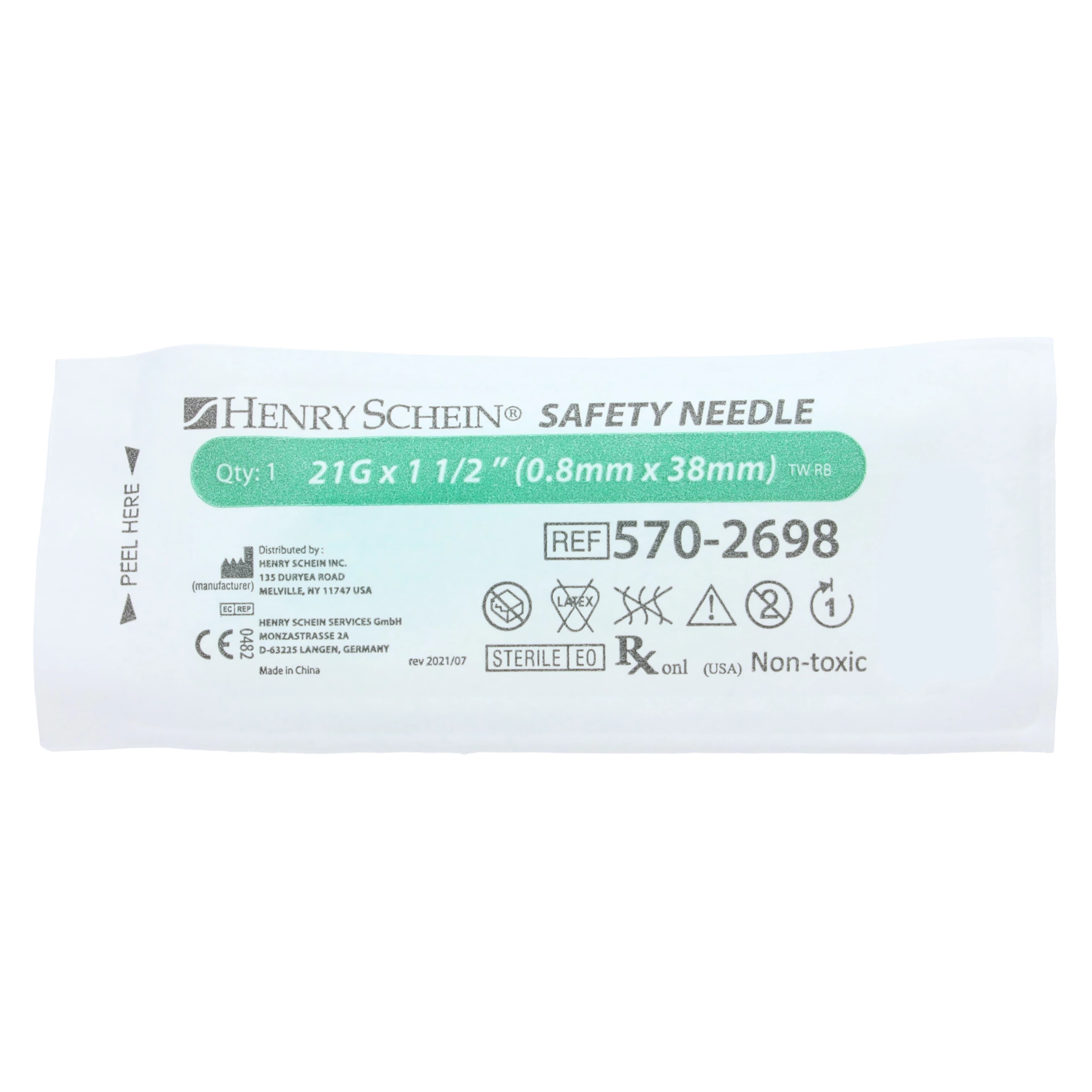 Henry Schein Safety Needle, 21G x 1-1/2", Green, Disposable with Safety Shield, 100/Box thumbnail 3