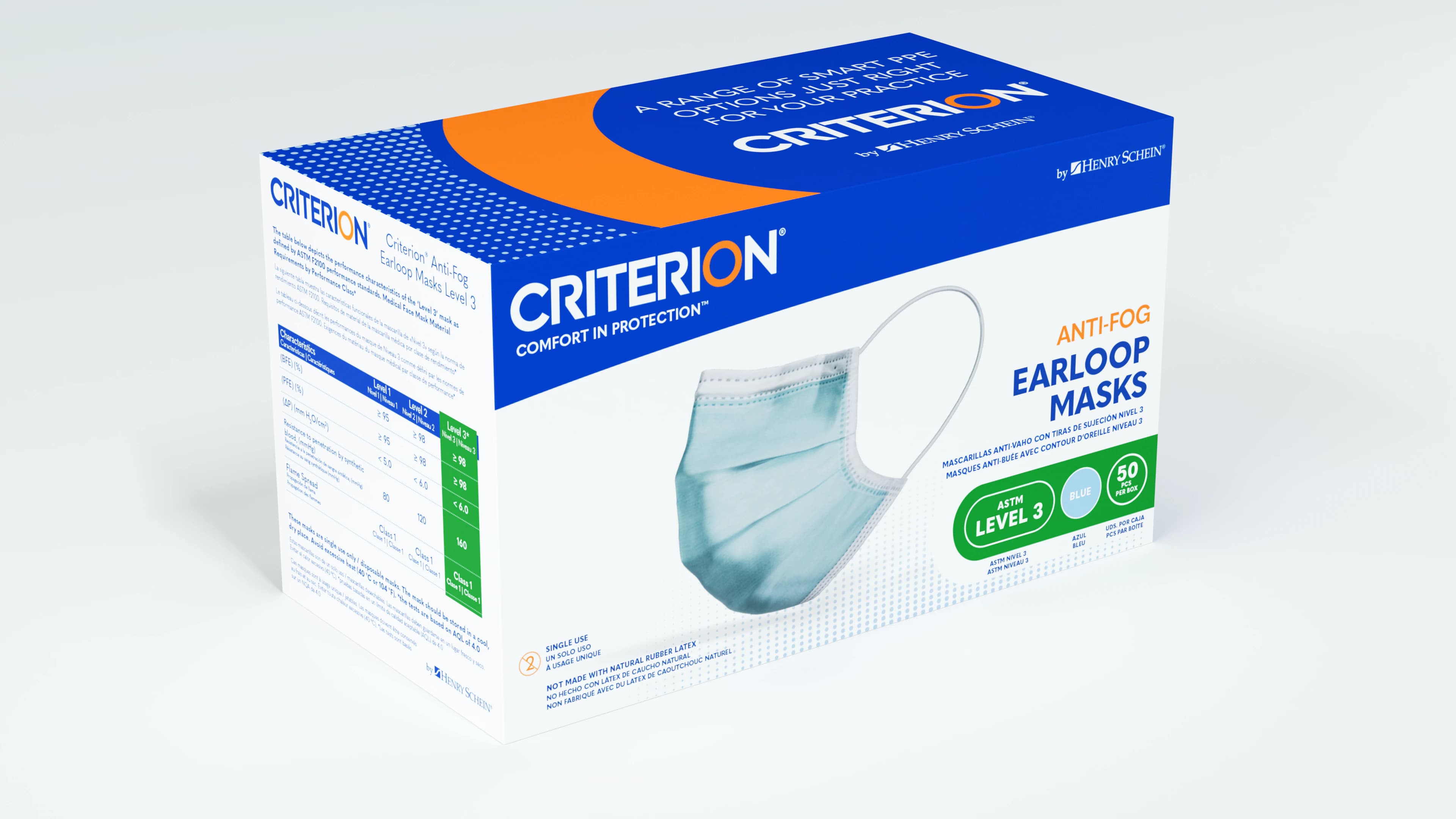 Criterion Anti-Fog Earloop Masks, ASTM Level 3, Blue, Adult, 50/Box - Criterion Anti-Fog Earloop Masks - Image 1