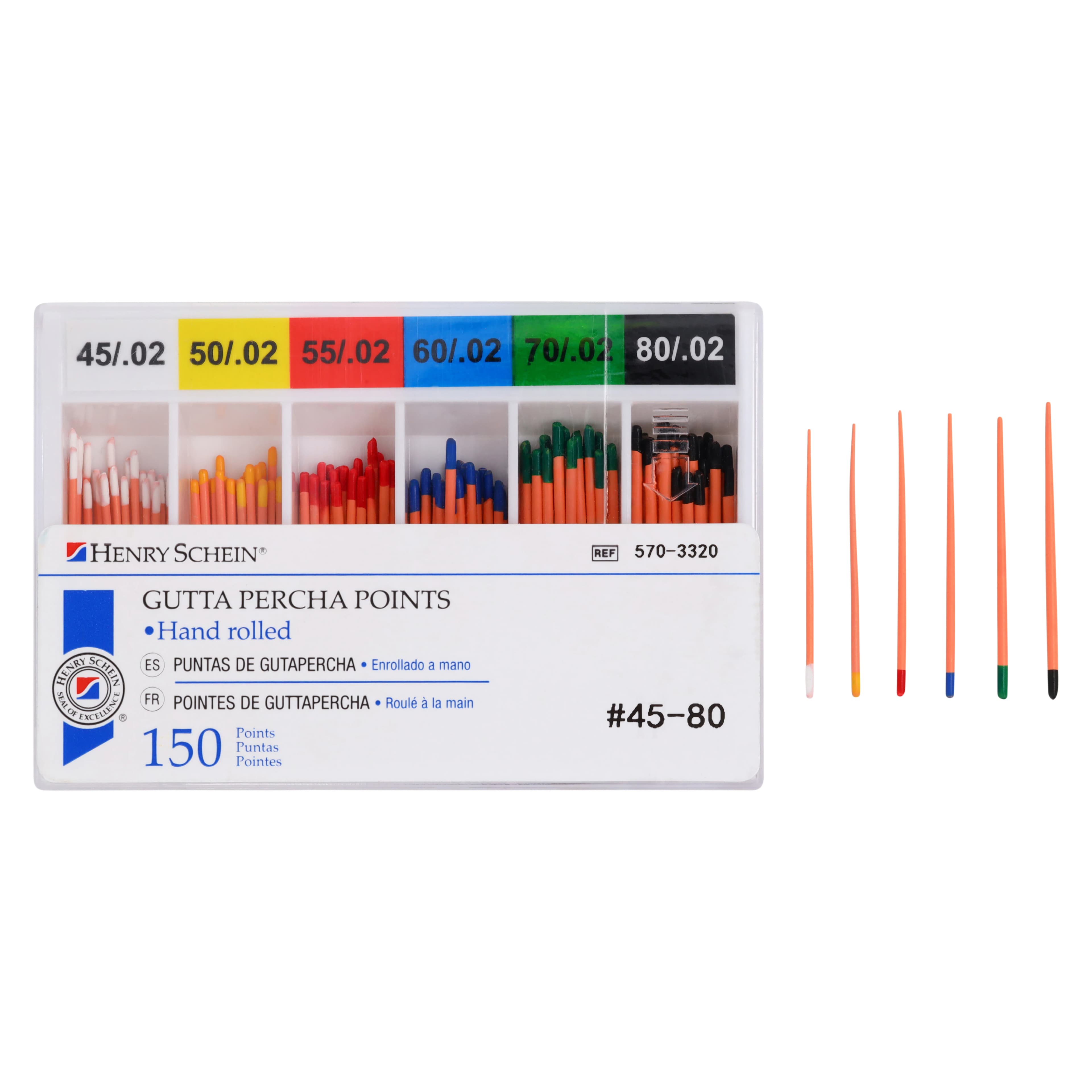 Henry Schein Hand Rolled Gutta Percha Points, Size #45-80, 28 mm, Assorted ISO Color Coded, Cadmium Free, 150/Box thumbnail 4
