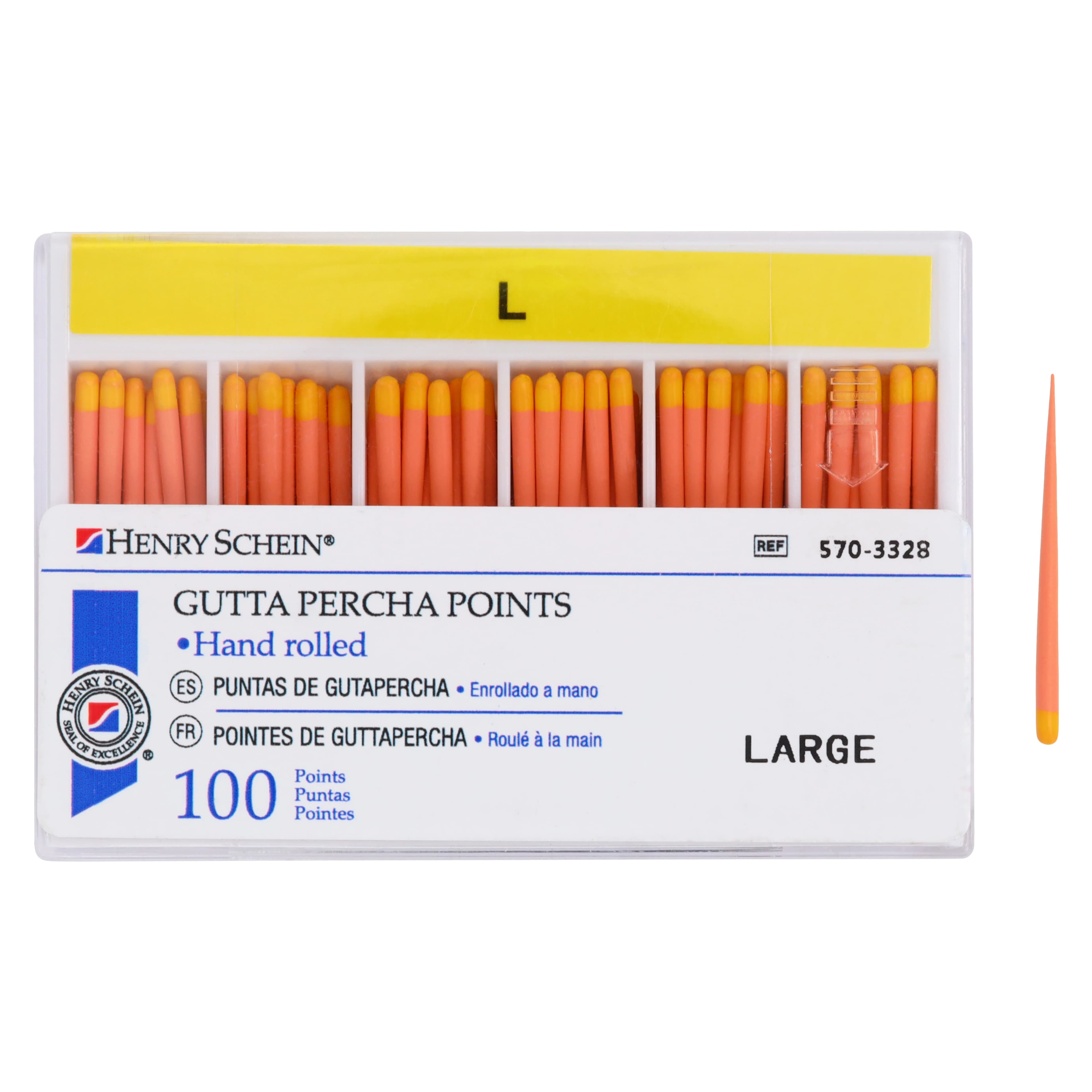 HSI Hand Rolled Gutta Percha Points, Large, ISO, 28 mm, Yellow, Cadmium Free, Radiopaque, Latex Free, Non-Sterile, 100/Box thumbnail 4