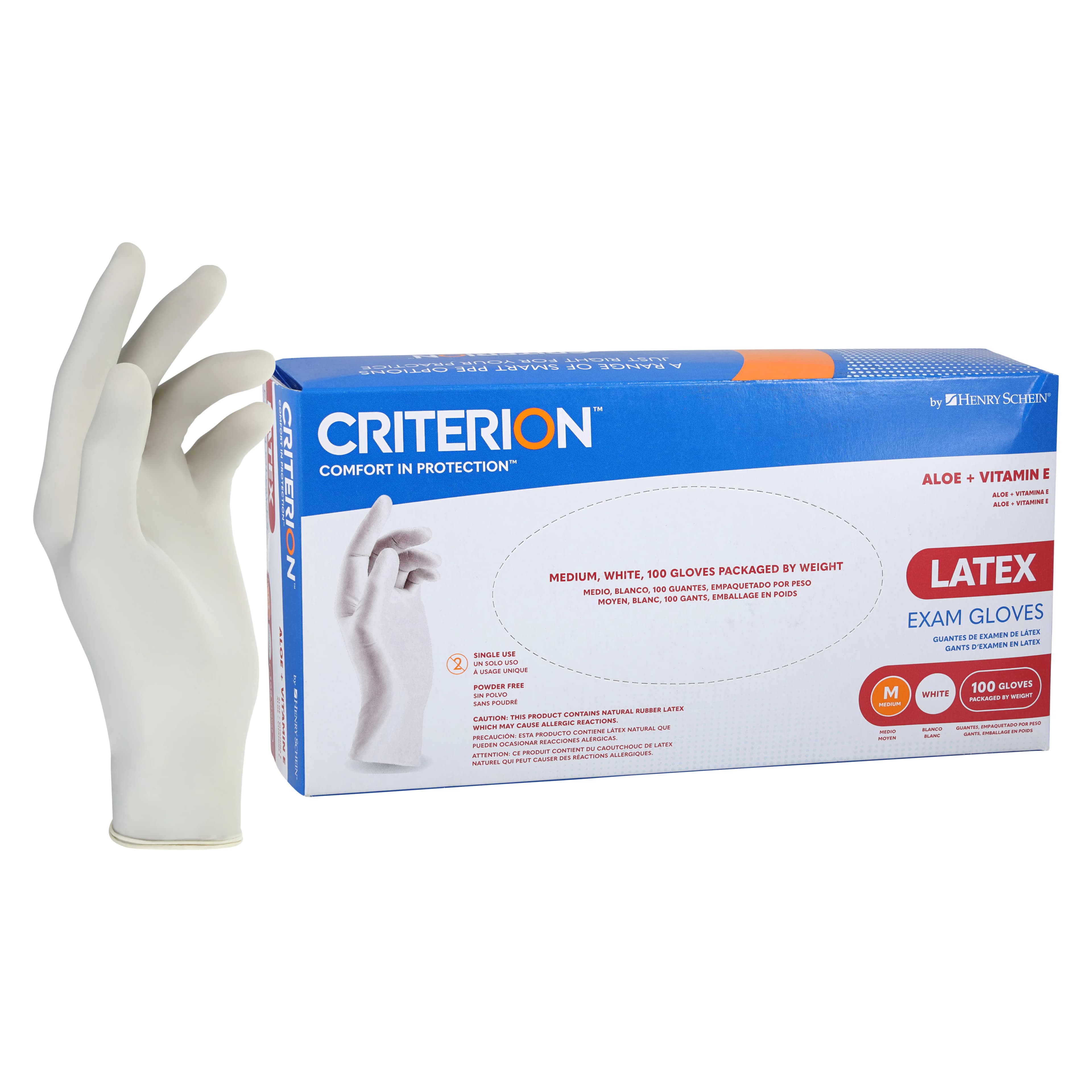 Criterion Glove Aloe+Vitamin E Latex Exam Gloves, Medium, White, Non-Sterile, 100/Box thumbnail 2