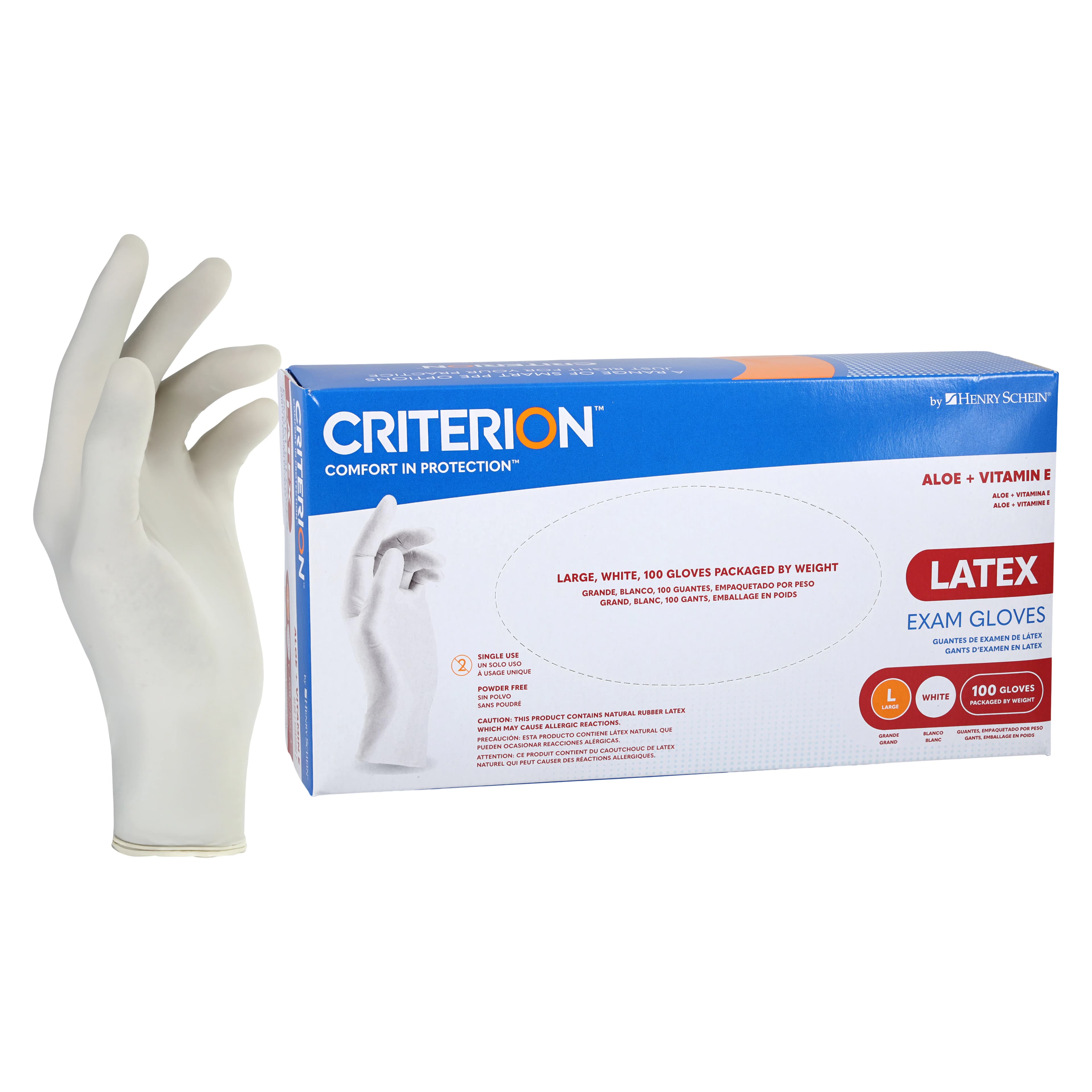 Criterion Glove Aloe+Vitamin E Latex Exam Gloves, Large, White, Non-Sterile, 100/Box thumbnail 2