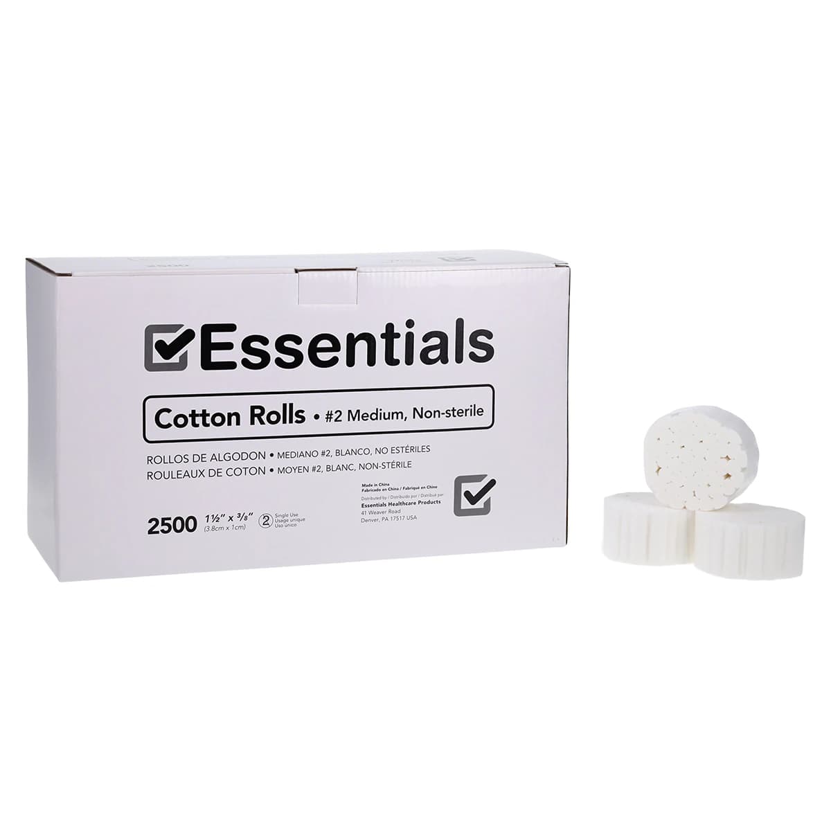 Essentials Healthcare Cotton Rolls, Non-Sterile, Size 2 Medium, 1.5 in x 0.375 in, 2500/Bag - DEN-Essentials Ctn Rll NS EDLP - Image 1