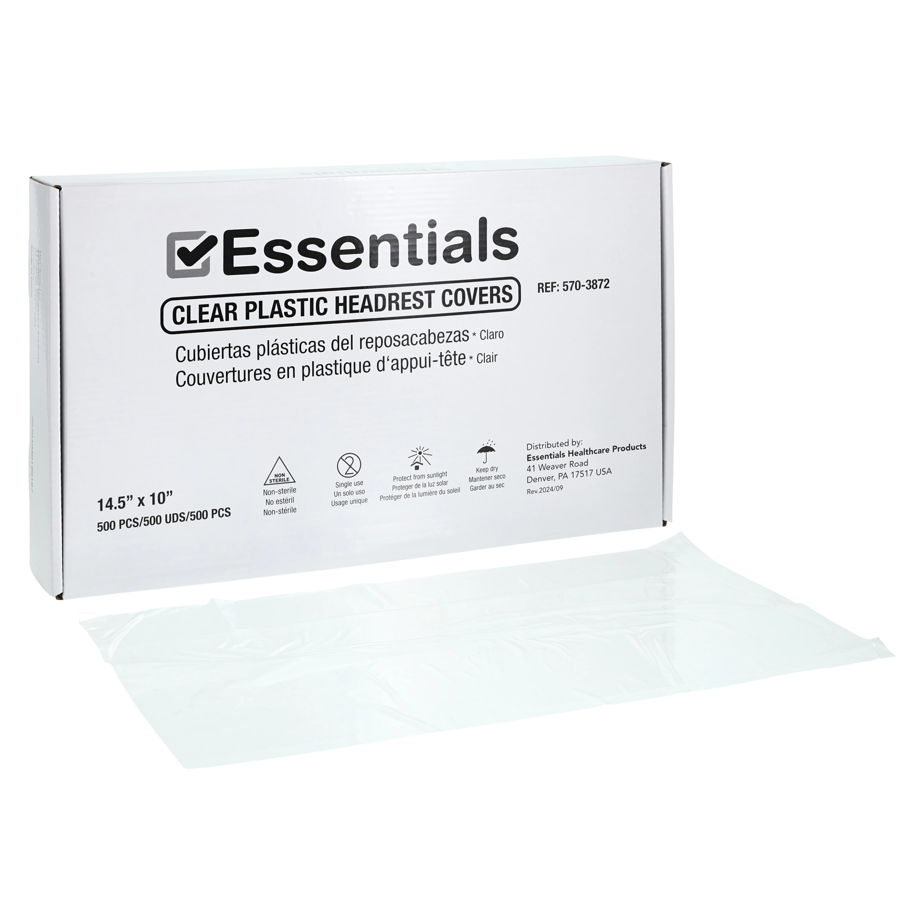 Essentials Healthcare Headrest Cover, Clear Plastic, Disposable, 14.5 in x 10 in, 500/Box - Essentials Headrst Cover - Image 1