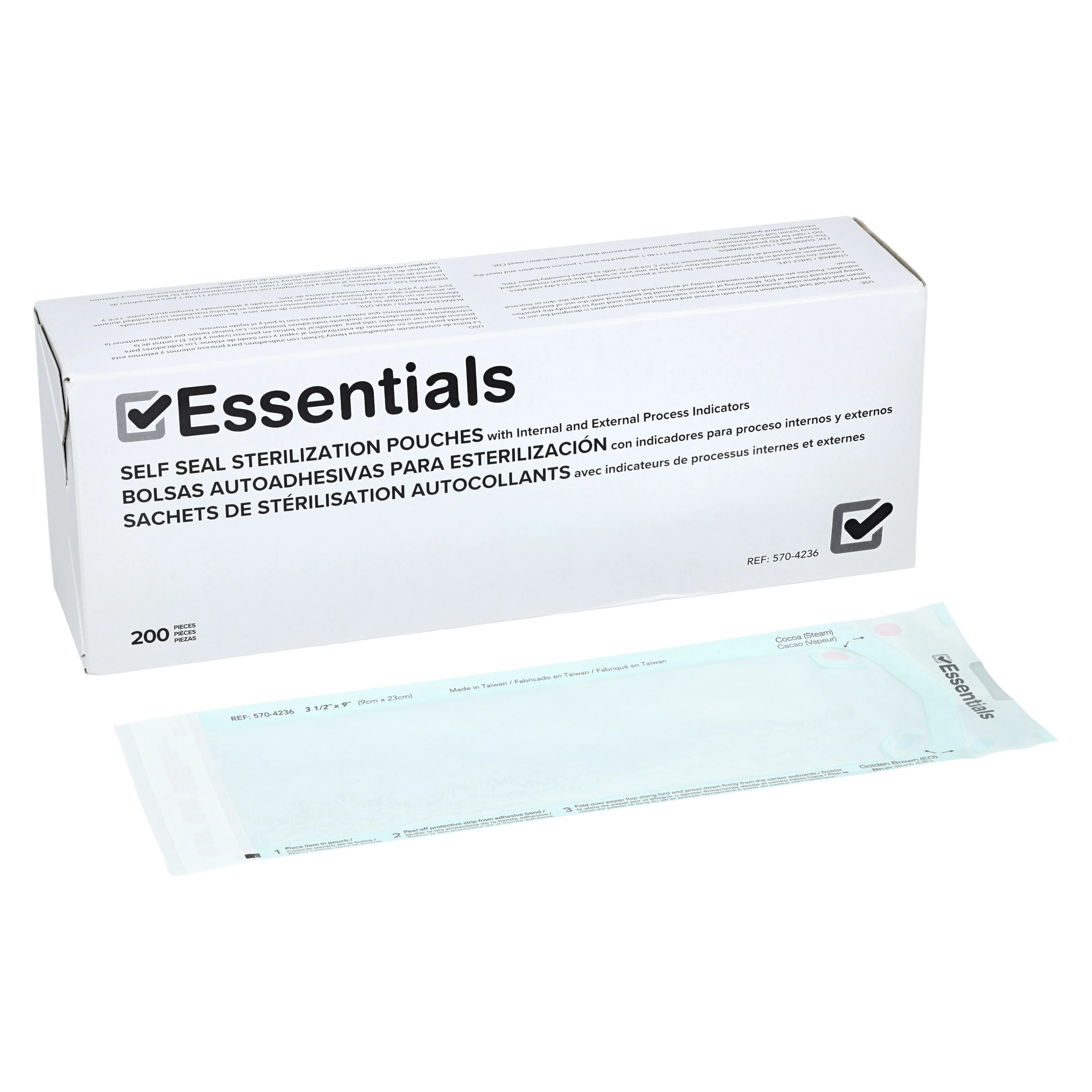 Essentials Self Seal Sterilization Pouches, Dual Indicator, 3.5 in x 9 in, 200/Box, 01KJ45DBRBMRQ8DANF1VS1P7E0 - Essentials Self Seal Sterilization Pouches - Image 1