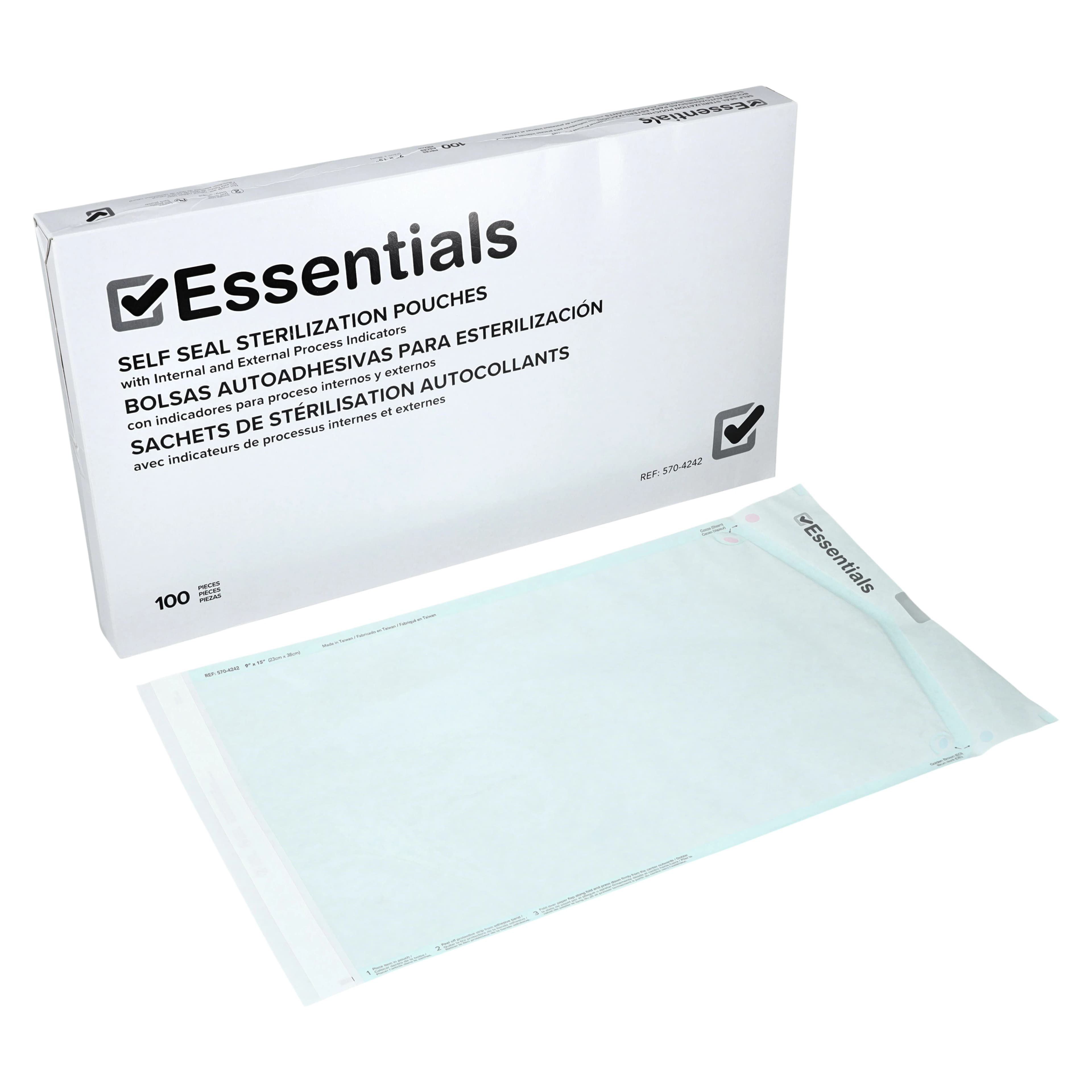 Essentials Dual Indicator Sterilization Pouch, 9 in x 15 in, Blue/White, Latex-Free, 100/Box - Essentials Dual IndicatorPouch - Image 1