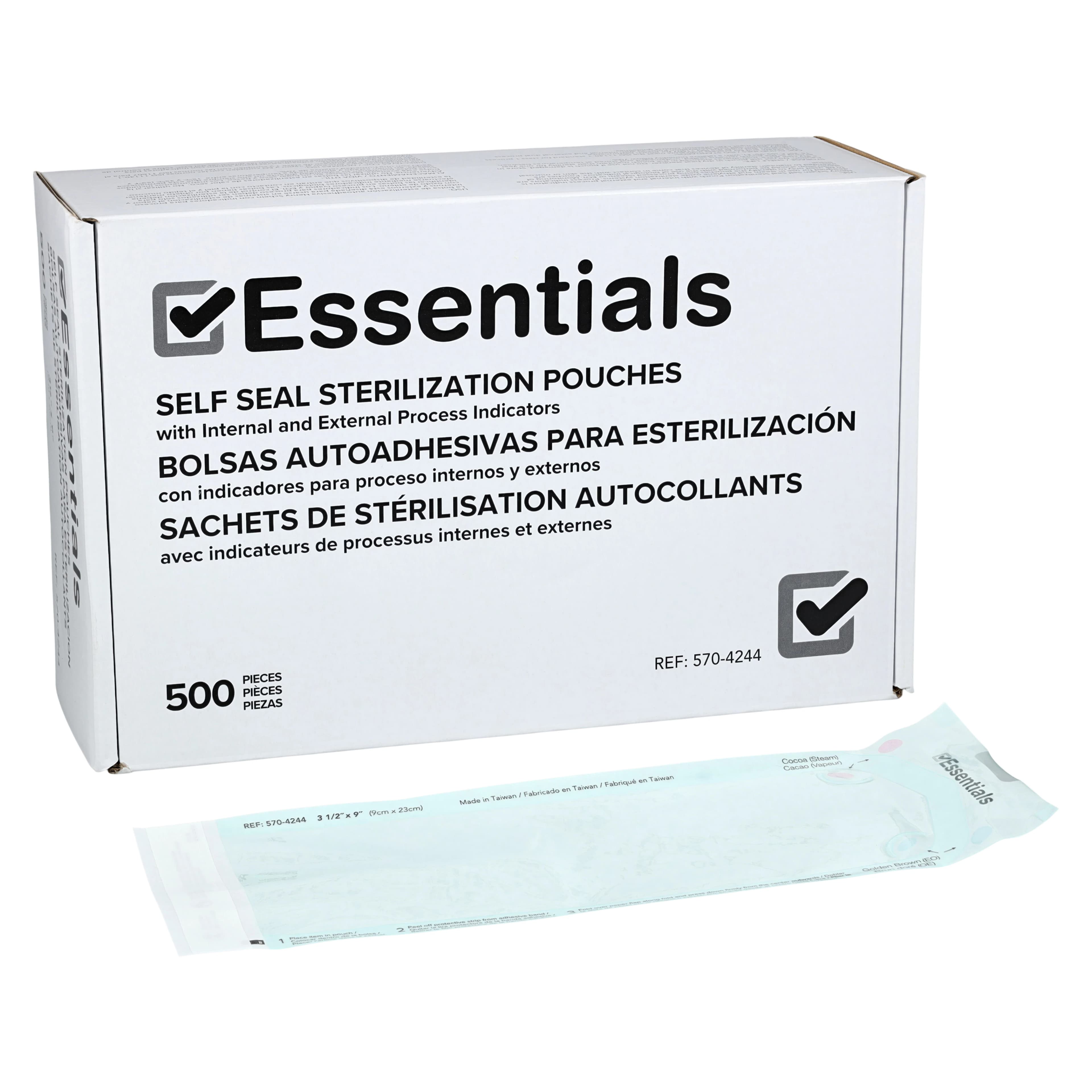 Essentials Dual Indicator Sterilization Pouch, Self-Seal, 3.5 in x 9 in, Blue/White, Latex-Free, 500/Box - Essentials Dual IndicatorPouch - Image 1