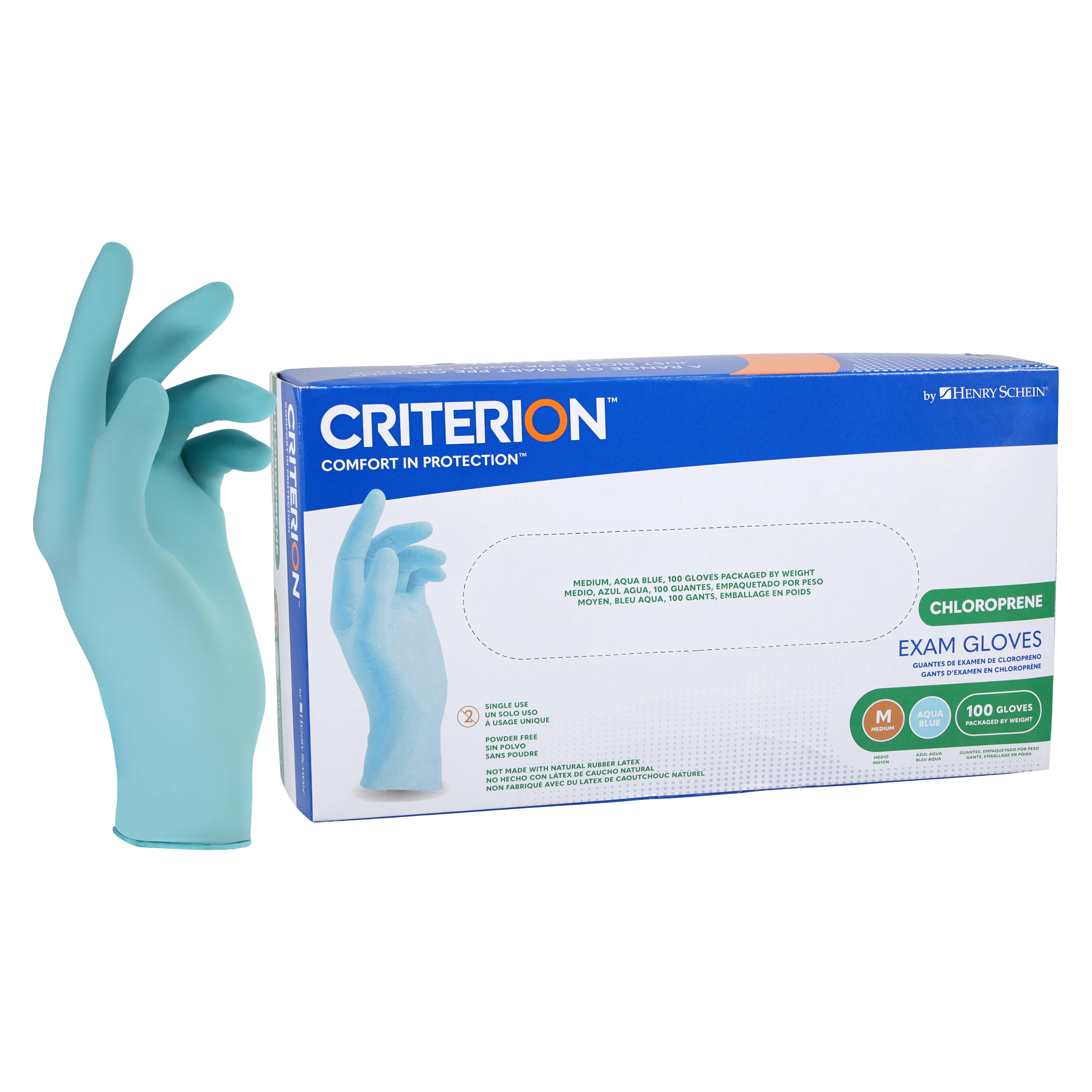 Criterion Chloroprene Exam Gloves, Medium, Aqua Blue, Non-Sterile, 100/Box - Criterion Chloroprene Exam Gloves - Image 1