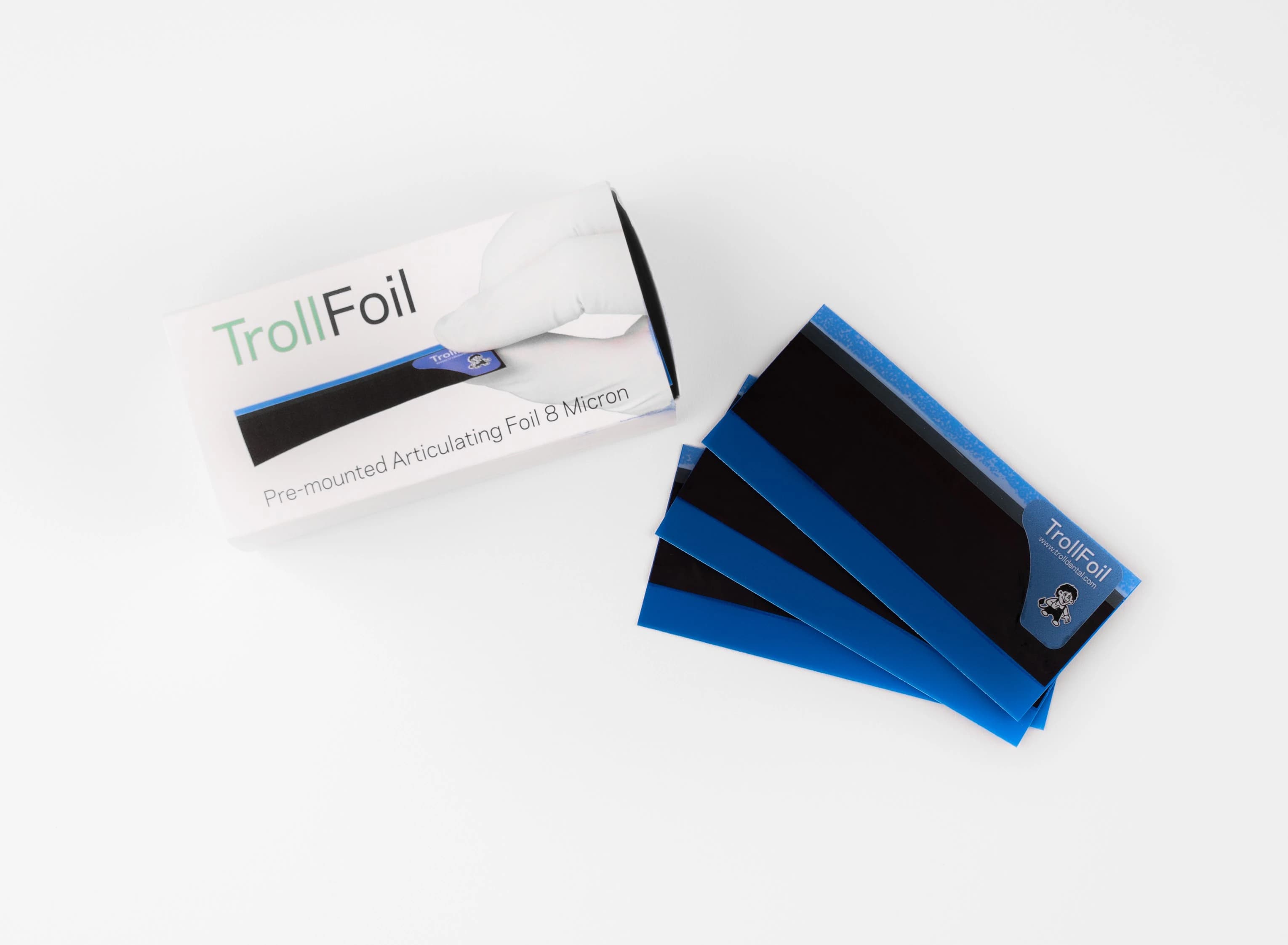 TrollFoil Double-Sided Articulating Foil, Blue, 8 Microns, Pre-Mounted, 3" x 3/4", 100/Pk, 12000101 - TrollFoil Blue Pack of 100 - Image 1