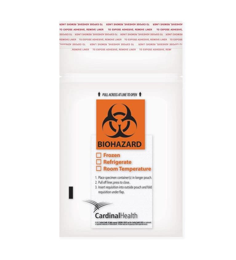 Cardinal Health Biohazard Specimen Bag, 6" x 10", Clear, Adhesive Closure, 2 mil Thick, 10/Case - Bag Specimen Trans Biohaz Logo - Image 1