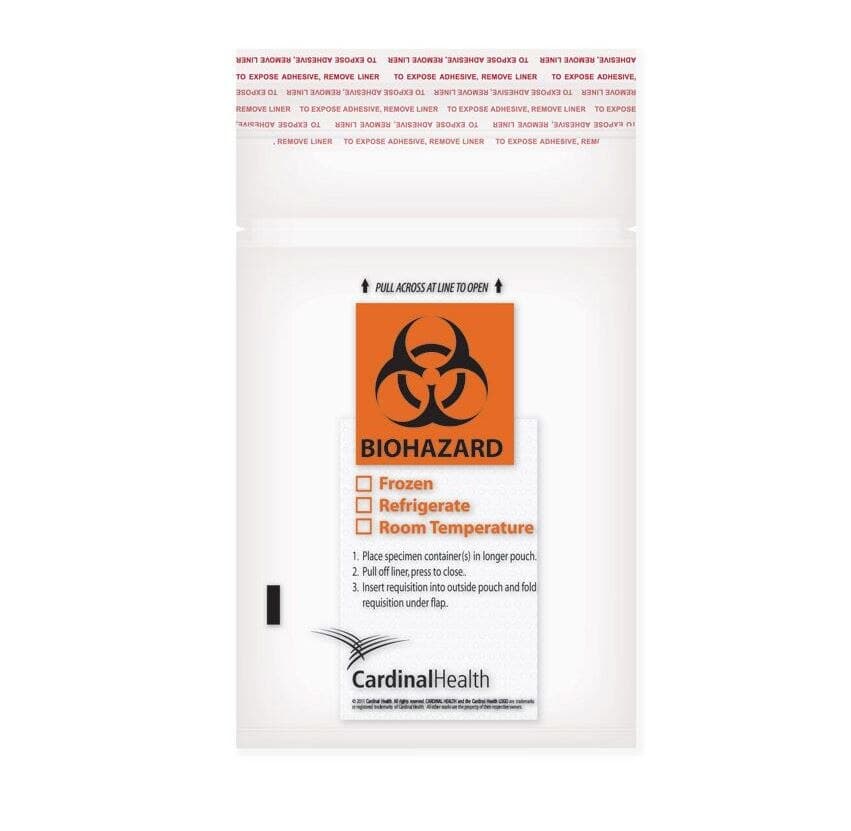 Cardinal Health Specimen Transport Bag, 6" x 10", Clear, Adhesive Closure, 2 mil, Biohazard Logo, 10/Case - Bag Specimen Trans Biohaz Logo - Image 1