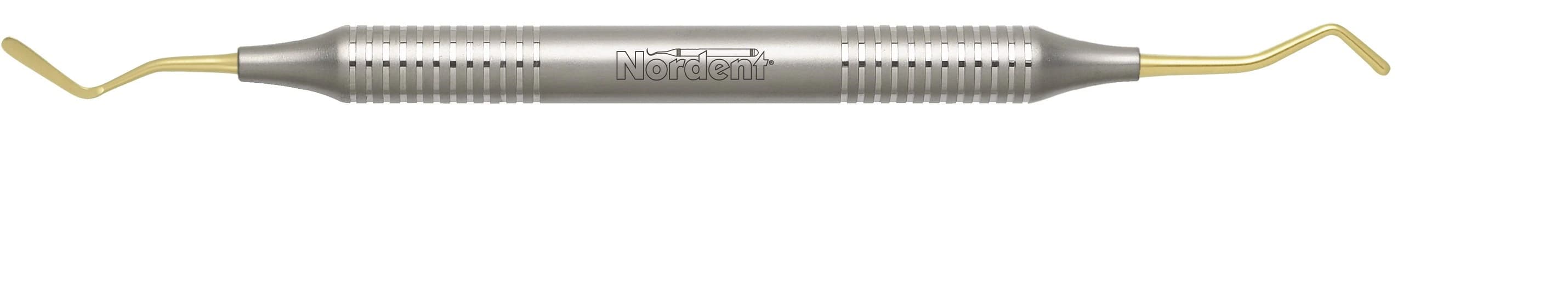 Nordent Composite Placement Instrument, #20T Long Paddle/Round Plugger, Double-End, Titanium Nitride Coated, DuraLite Round Handle, 1/Pk, REPFI20T - Composite Placement Instrument, Long Paddle/Round Plugger, Titanium Nitride, Double-End, # 20T, 1/Pk, REPFI20T - Image 1
