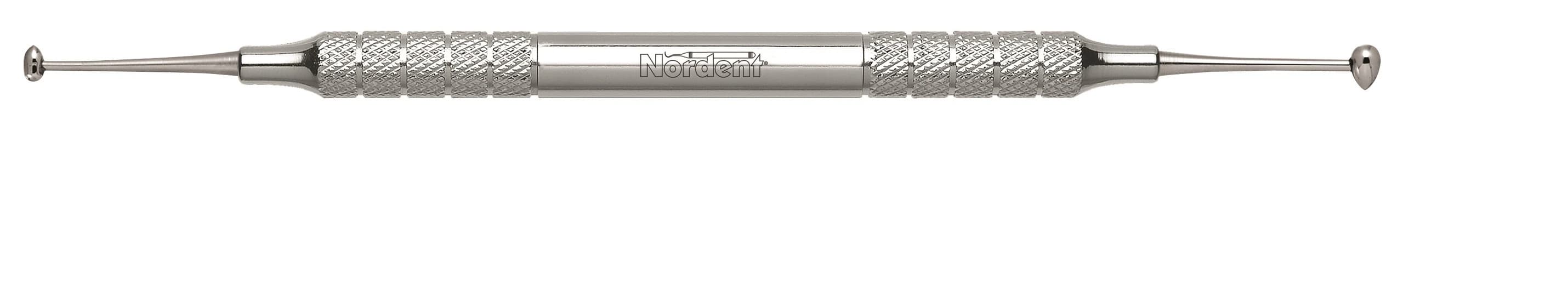 Nordent Double-End Burnisher #28/#29, Small Egg & Football Tips, Standard Handle, Stainless Steel, 1/Pkg - Burnisher – # 28//29, Football, Standard Handle, Double End - Burnisher – # 28//29, Football, Standard Handle, Double End - Image 1